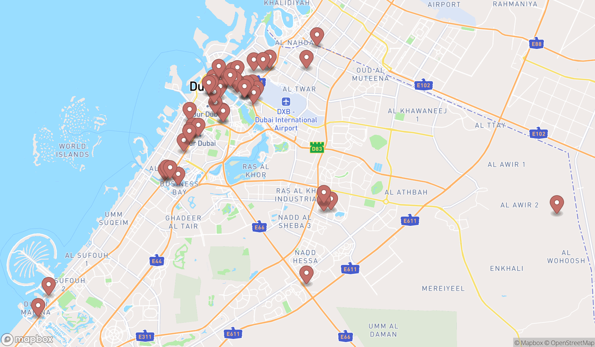 Map showing the search results in Dubai