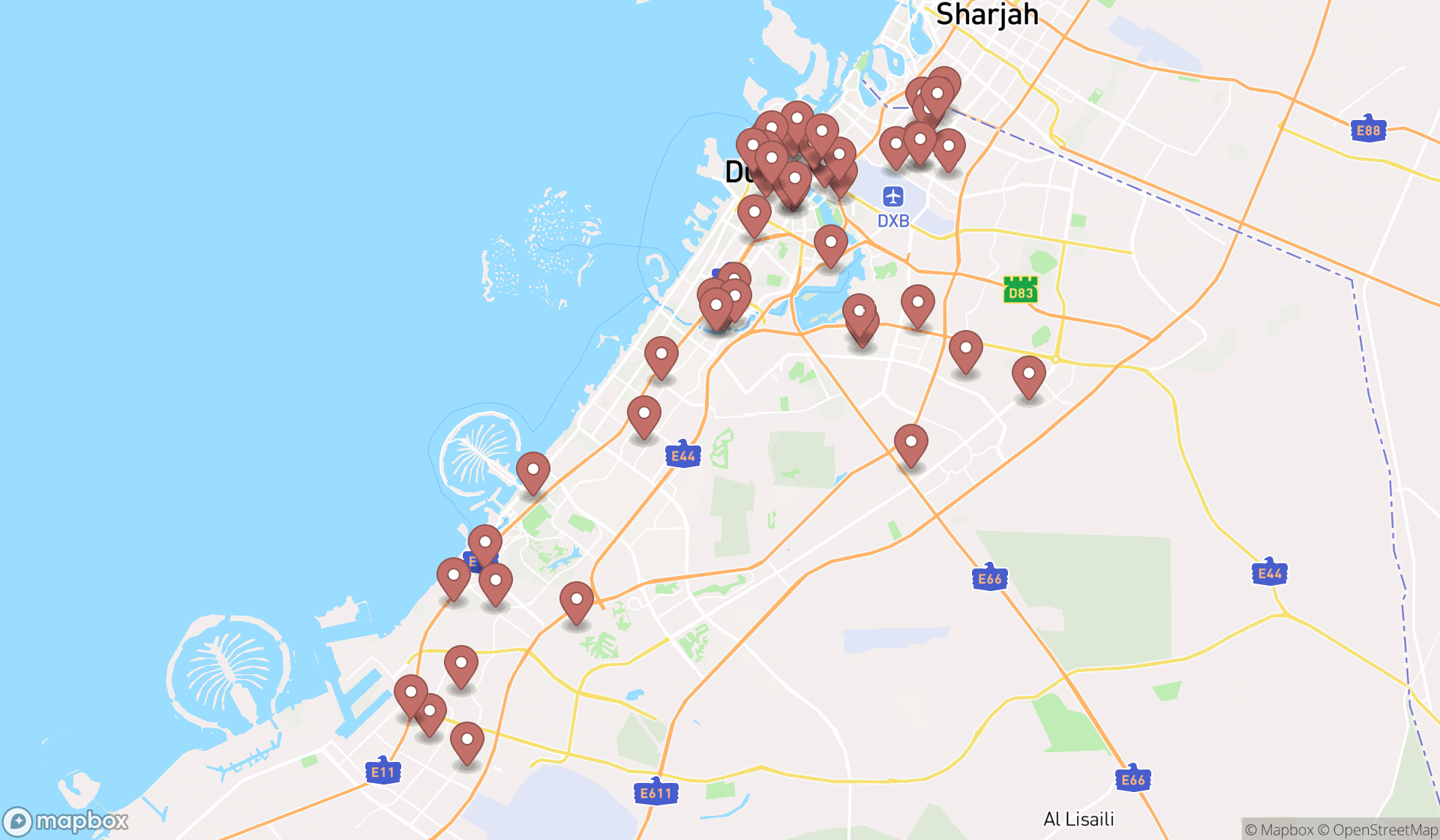 Map showing the search results in Dubai