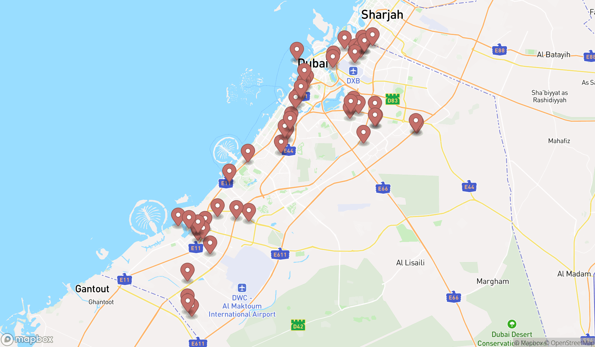 Map showing the search results in Dubai