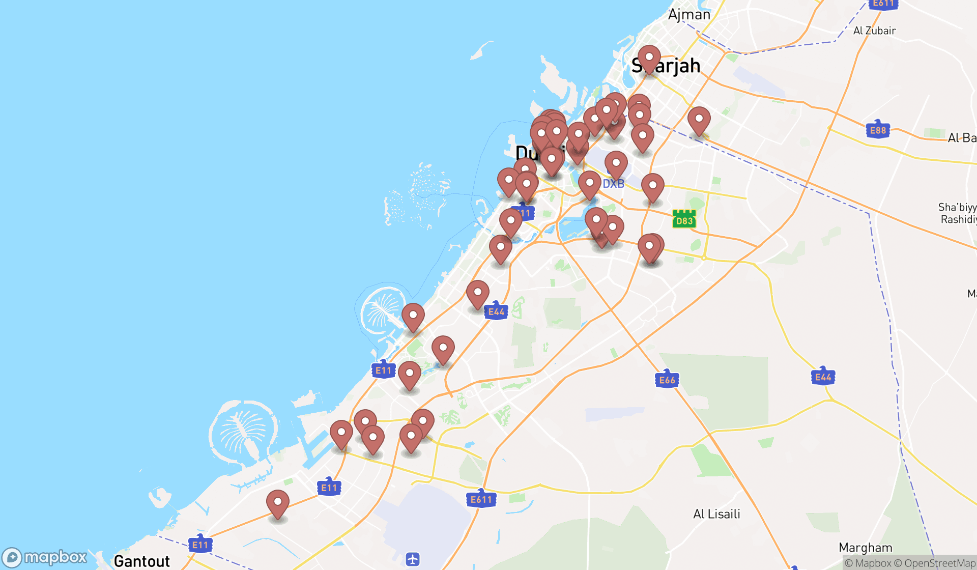 Map showing the search results in Dubai