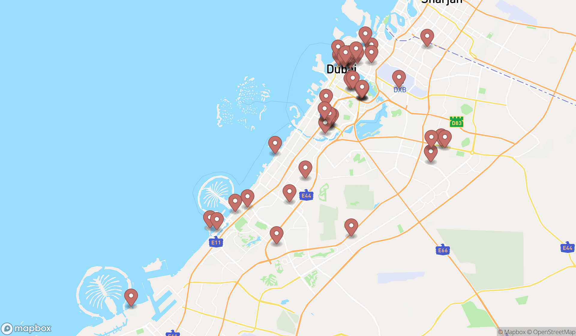Map showing the search results in Dubai