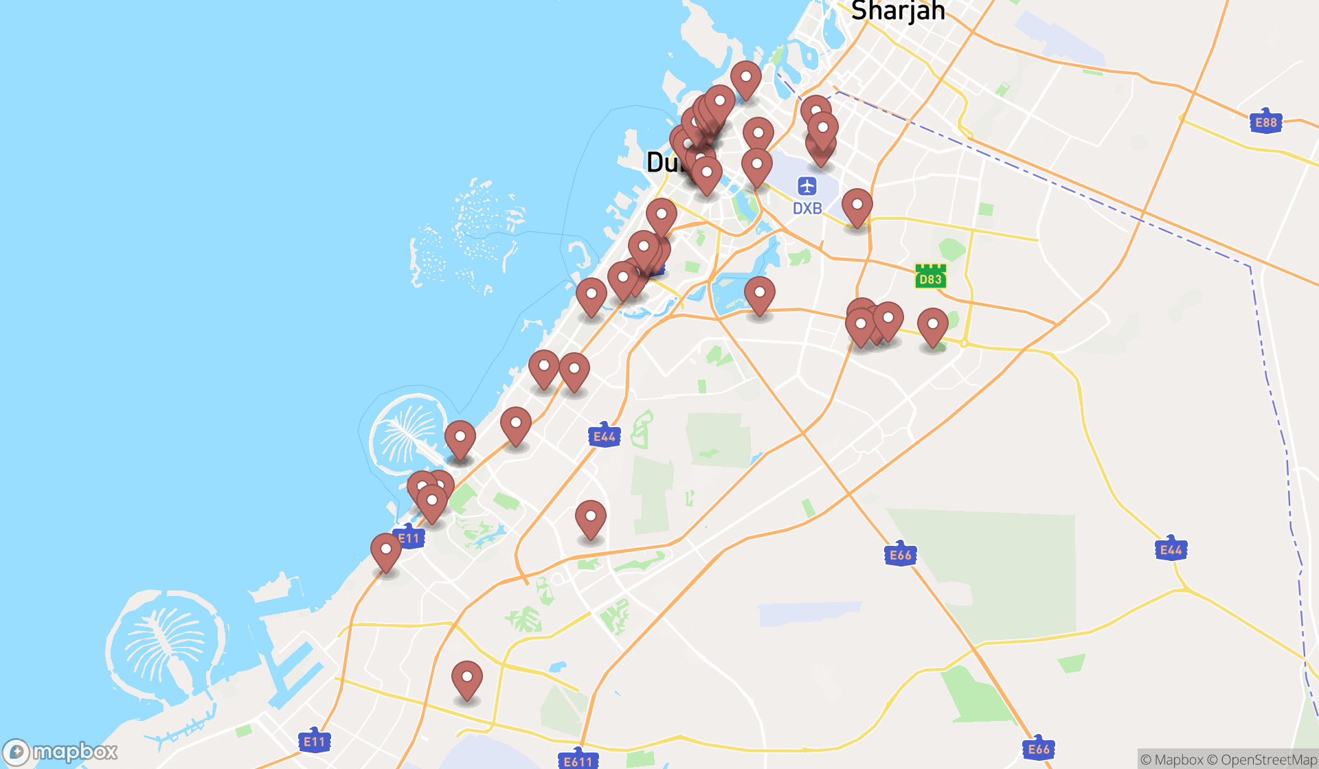 Map showing the search results in Dubai