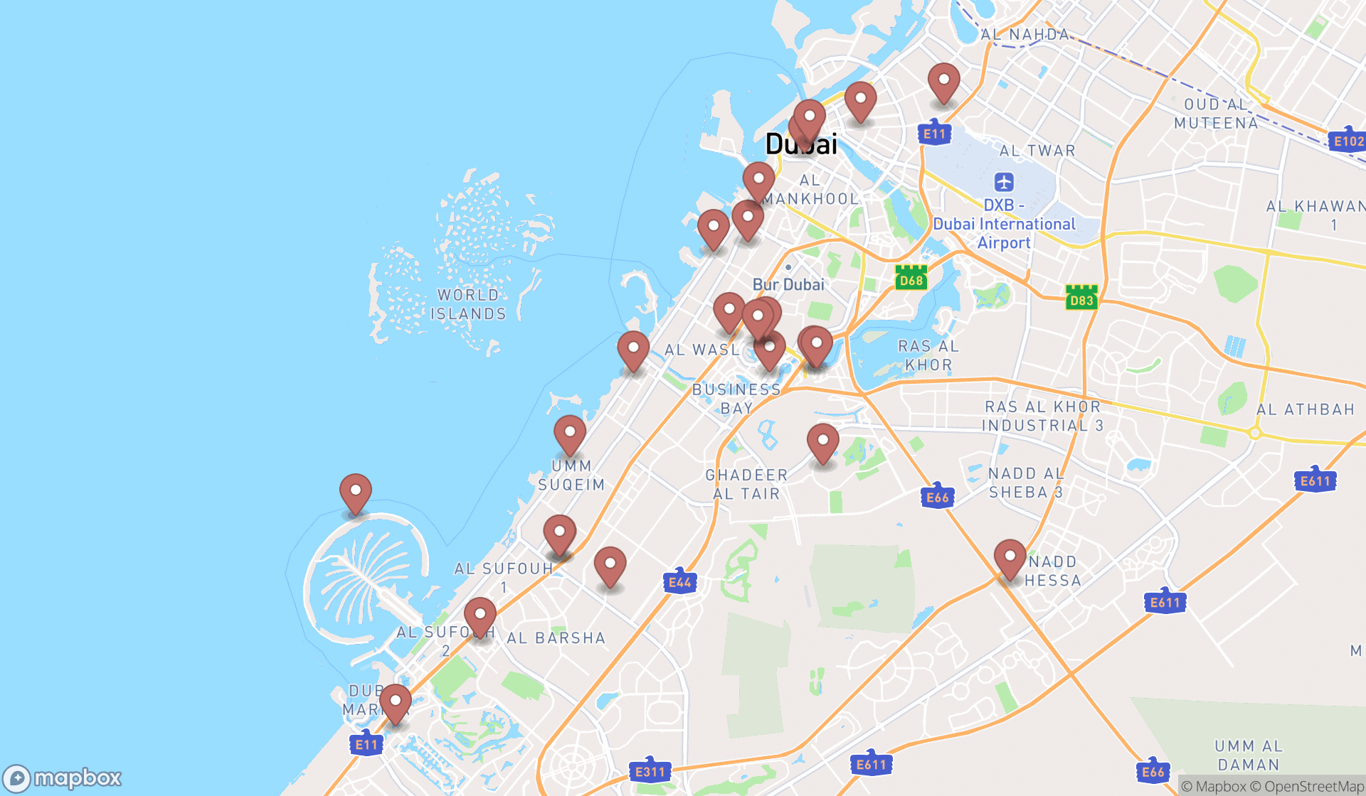Map showing the search results in Dubai