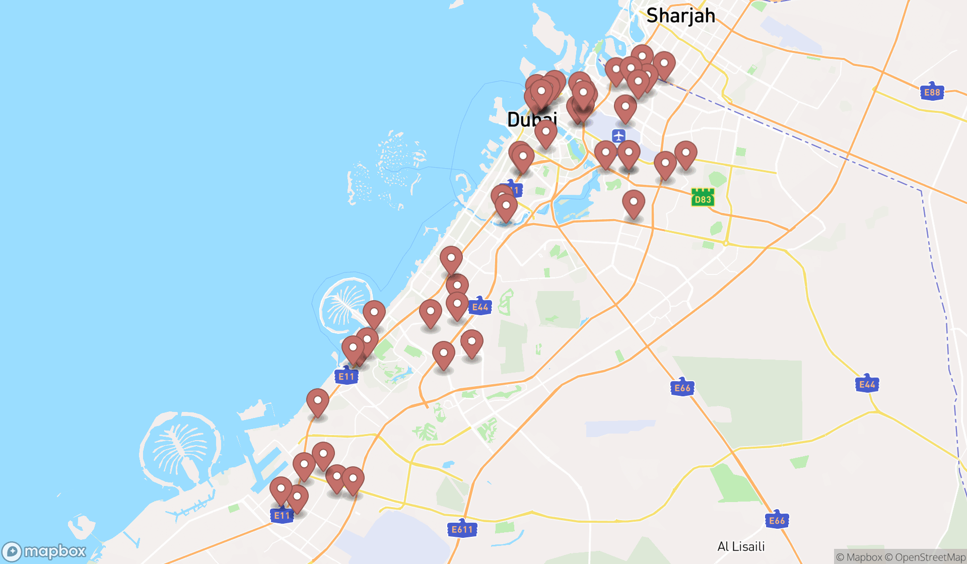 Map showing the search results in Dubai