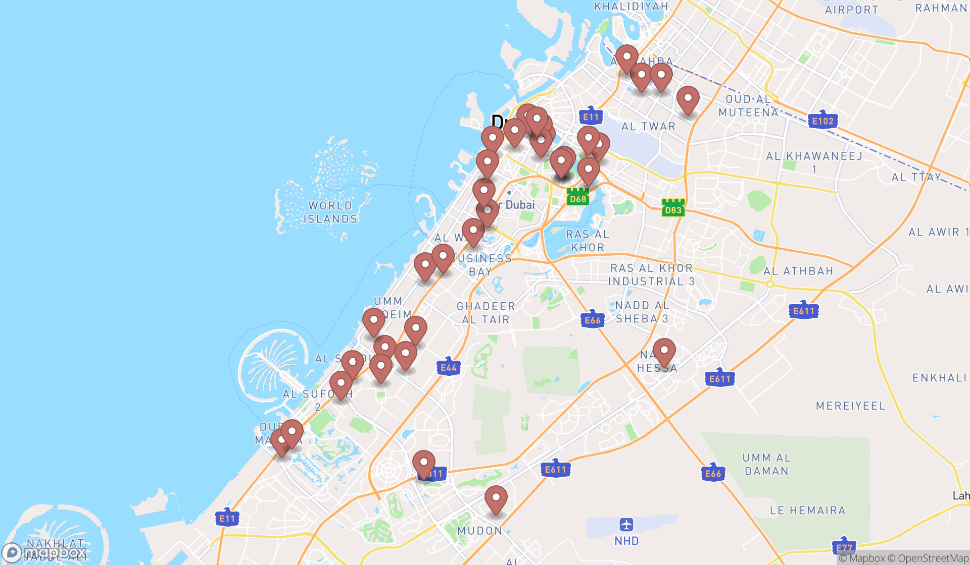 Map showing the search results in Dubai