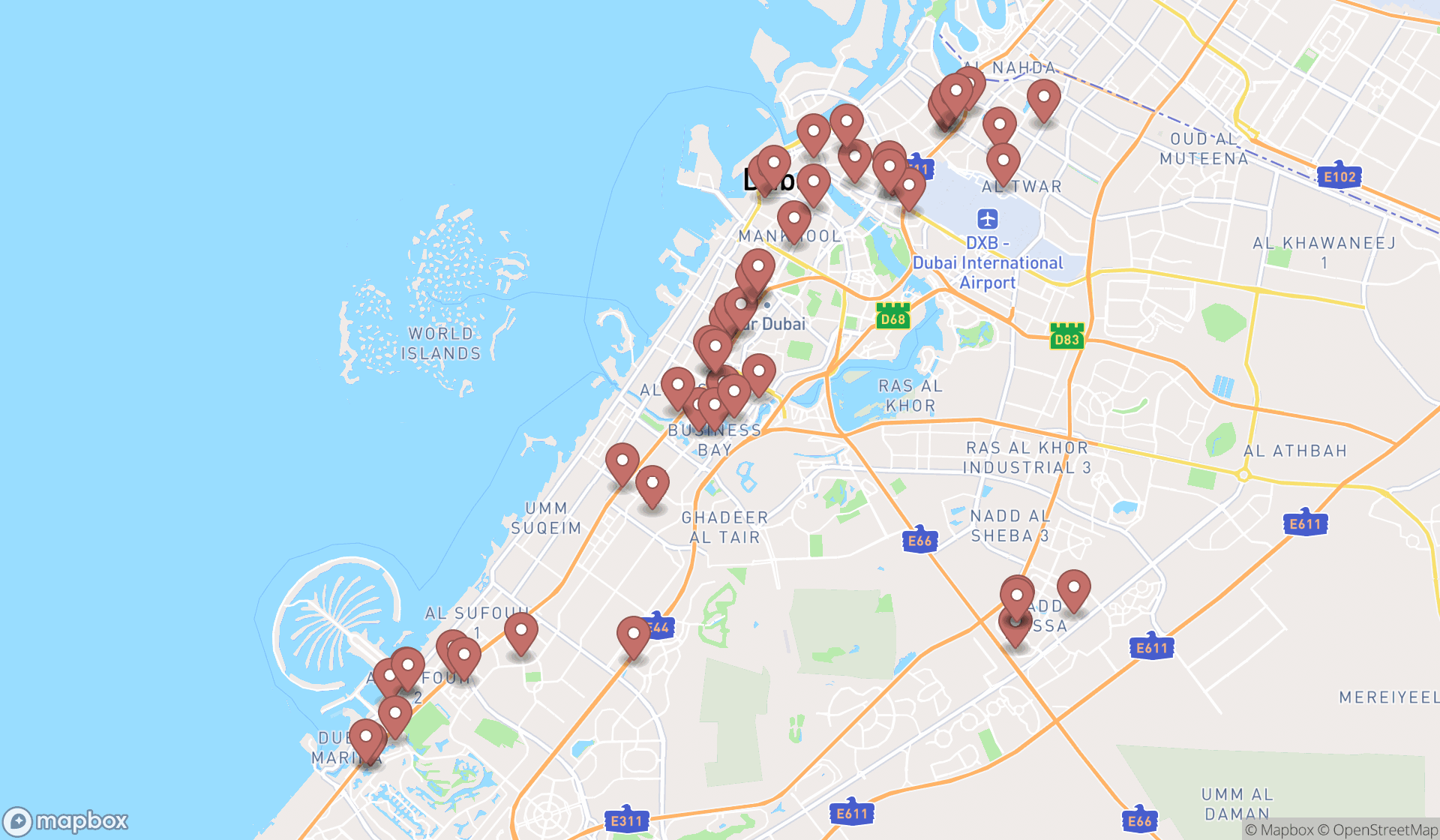 Map showing the search results in Dubai