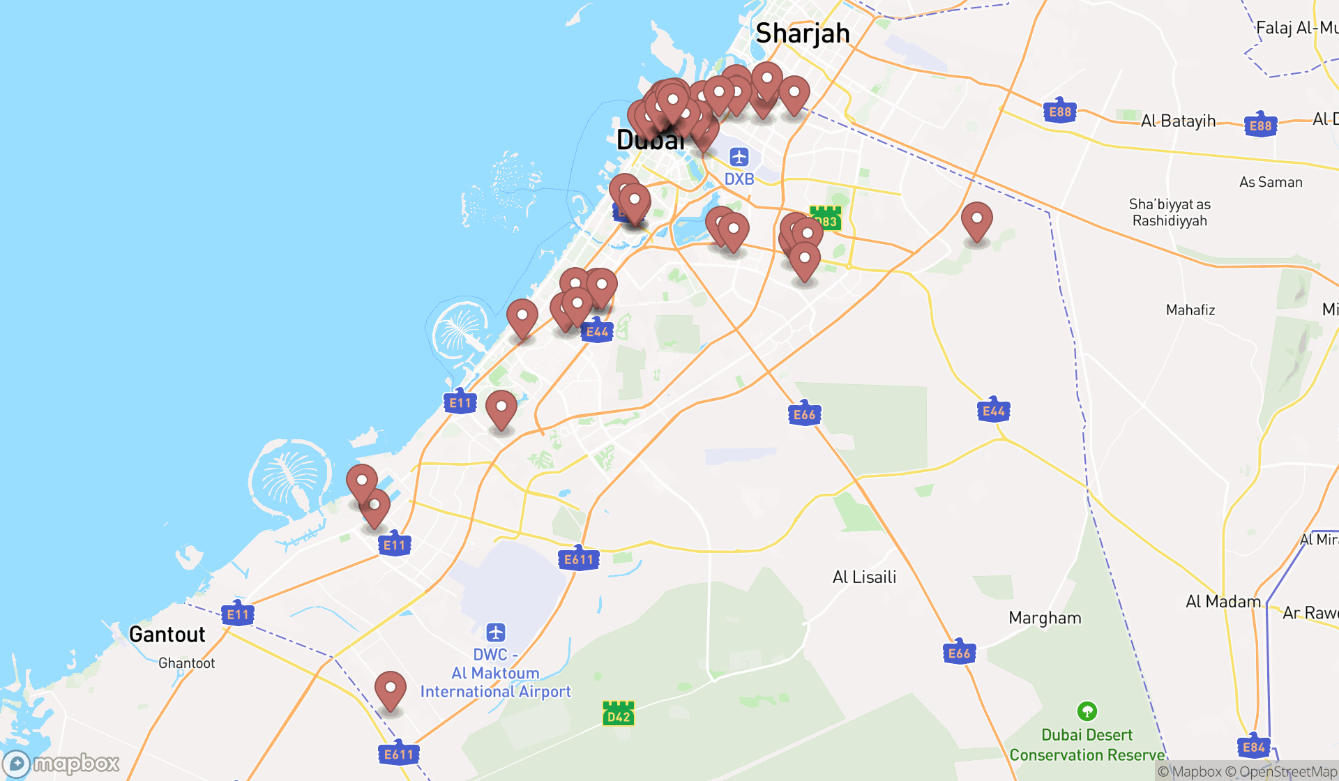Map showing the search results in Dubai