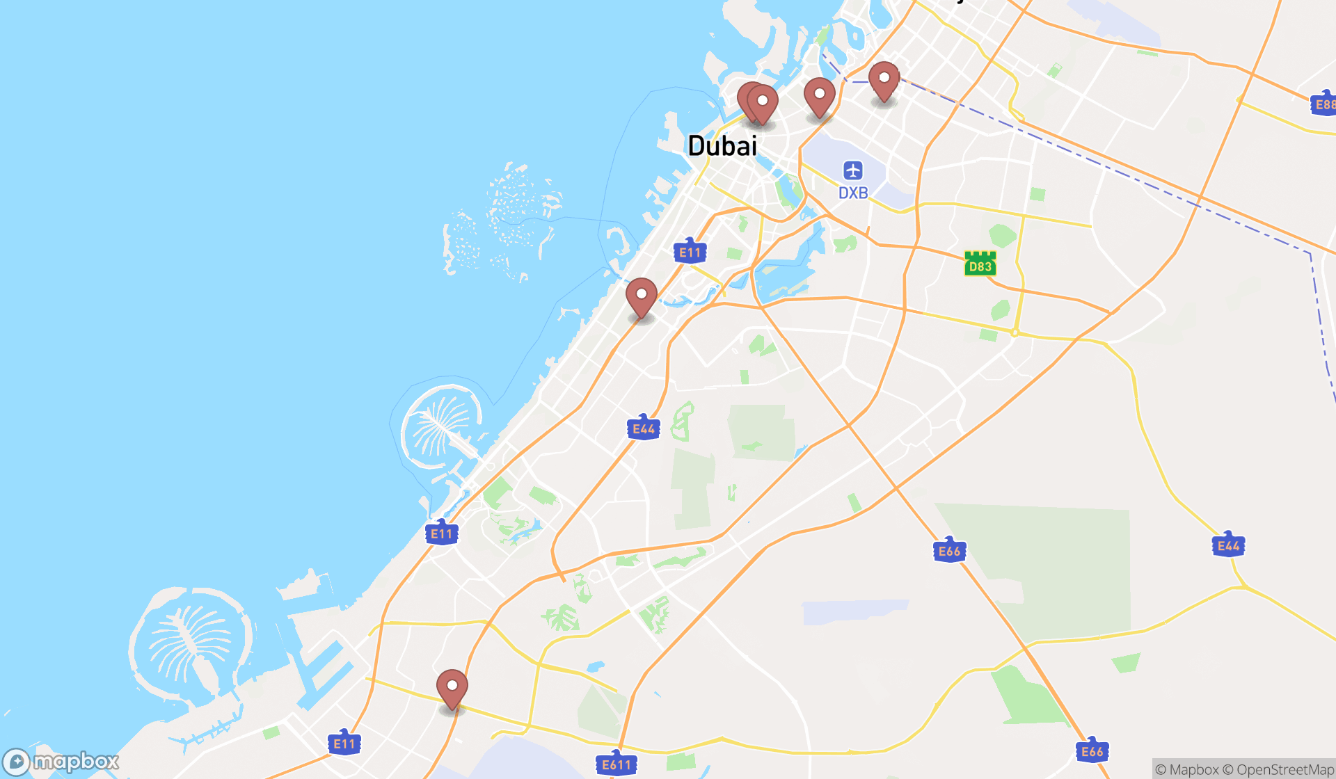 Map showing the search results in Dubai