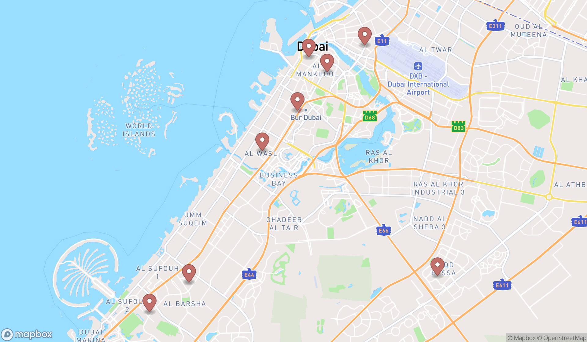 Map showing the search results in Dubai