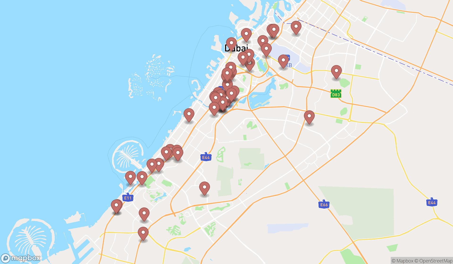 Map showing the search results in Dubai