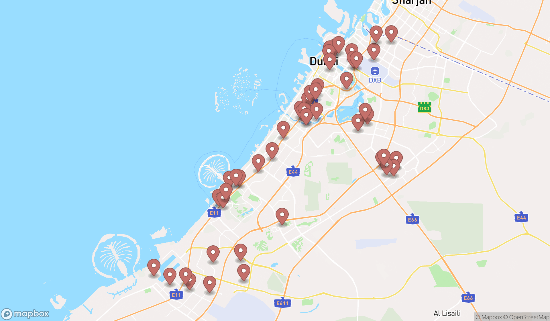 Map showing the search results in Dubai