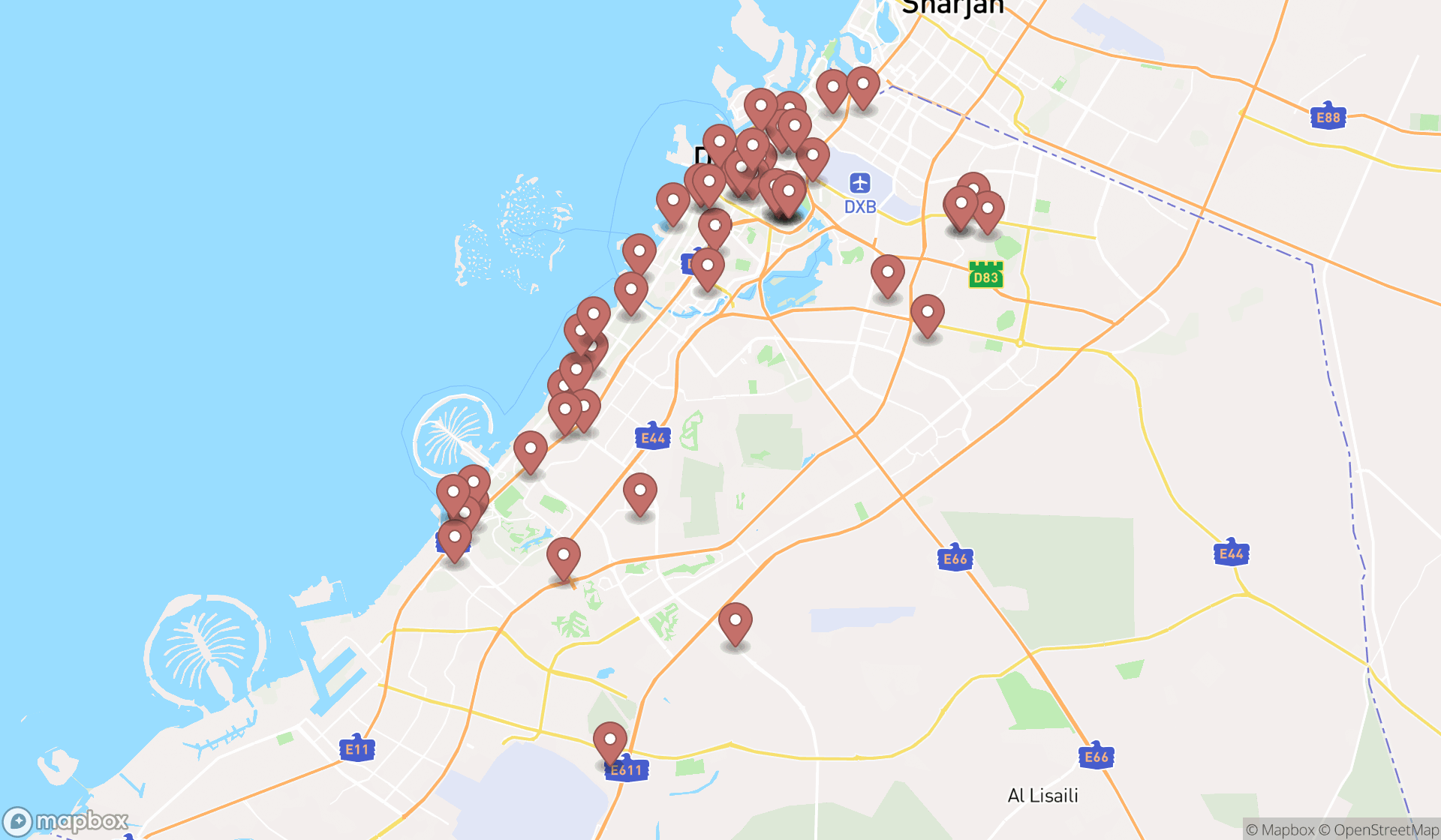 Map showing the search results in Dubai