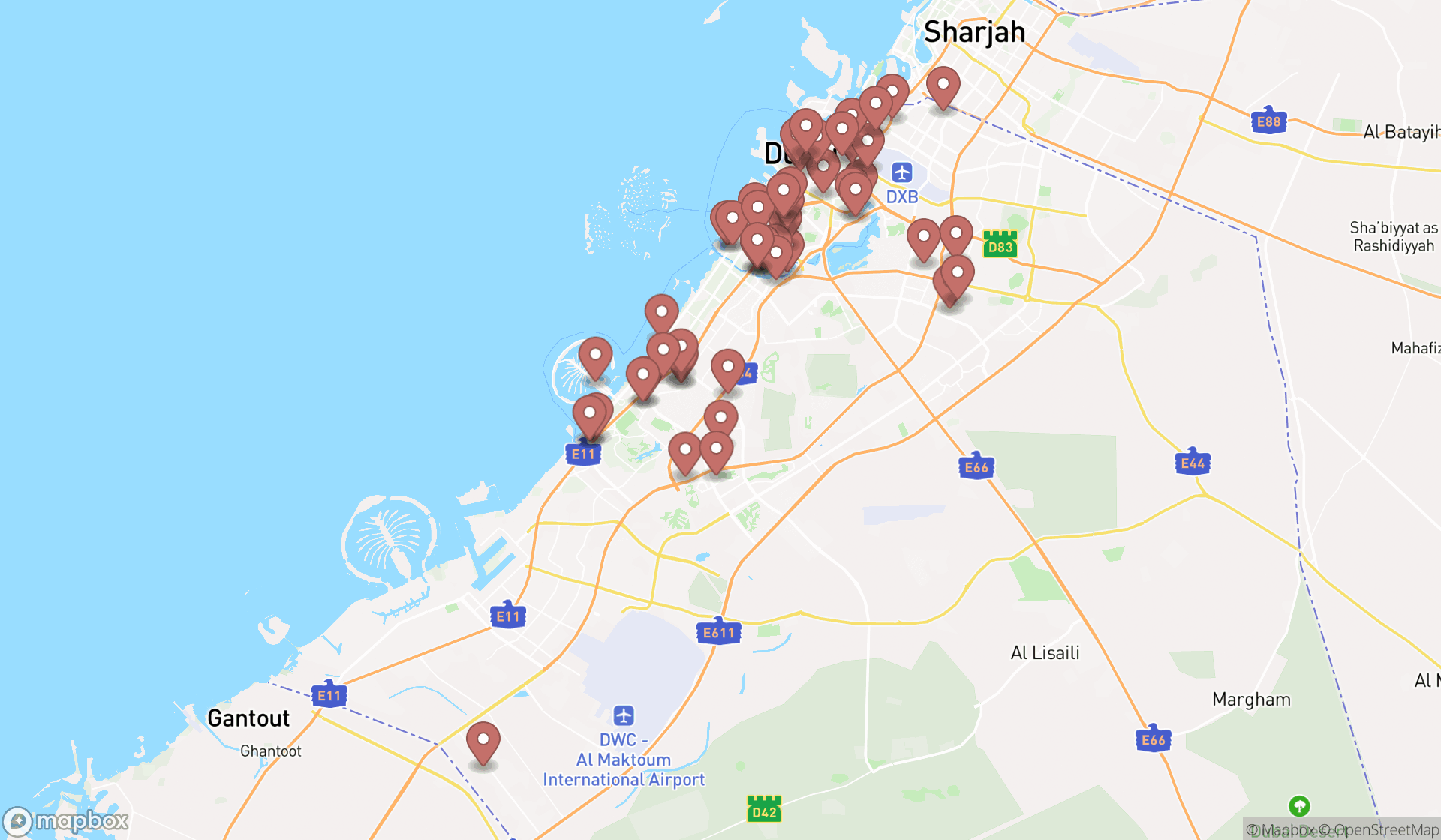 Map showing the search results in Dubai