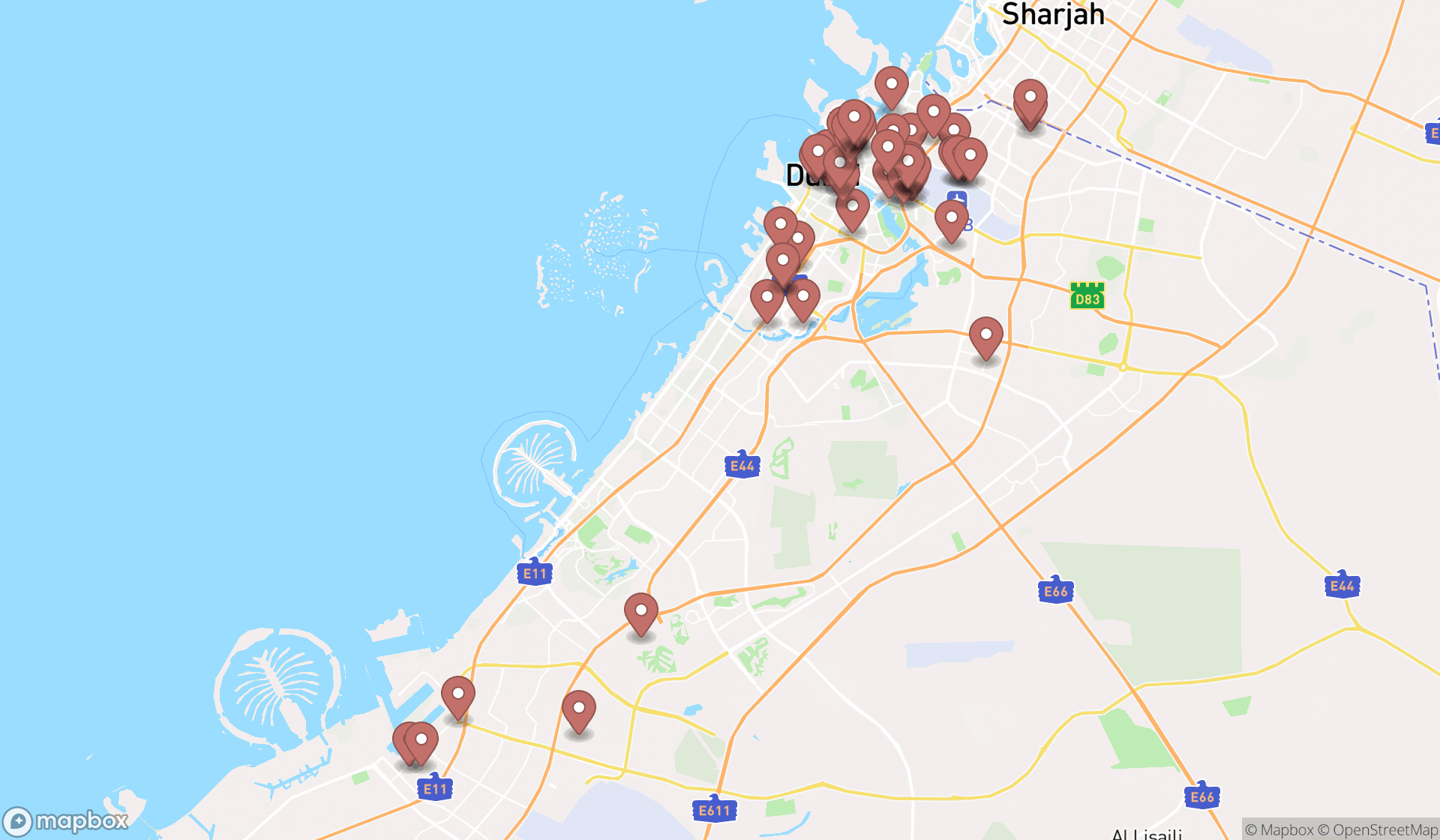 Map showing the search results in Dubai
