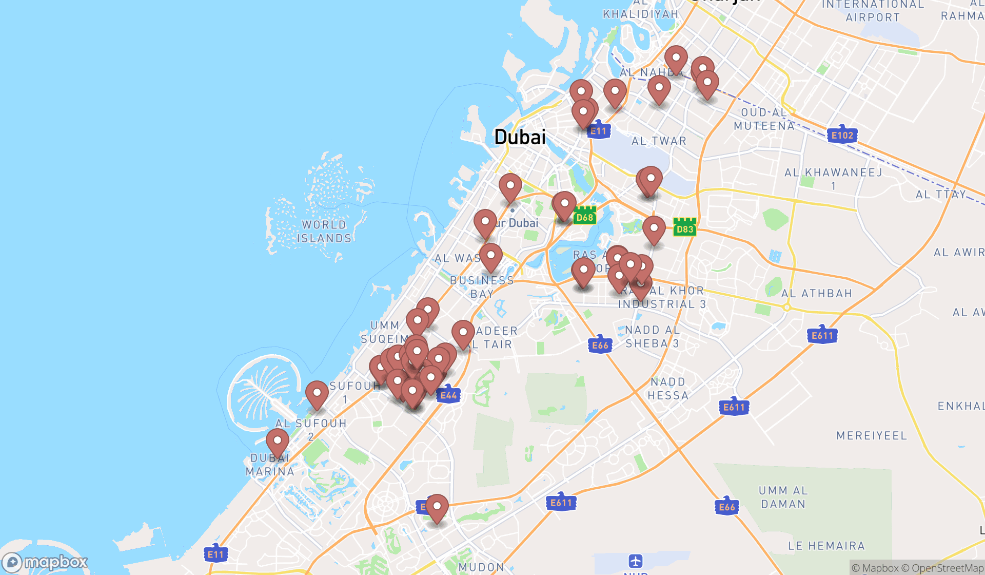 Map showing the search results in Dubai
