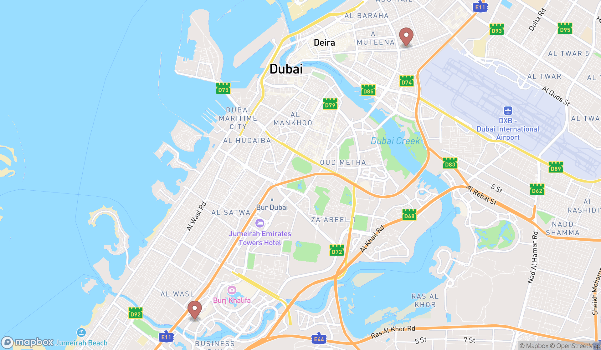Map showing the search results in Dubai