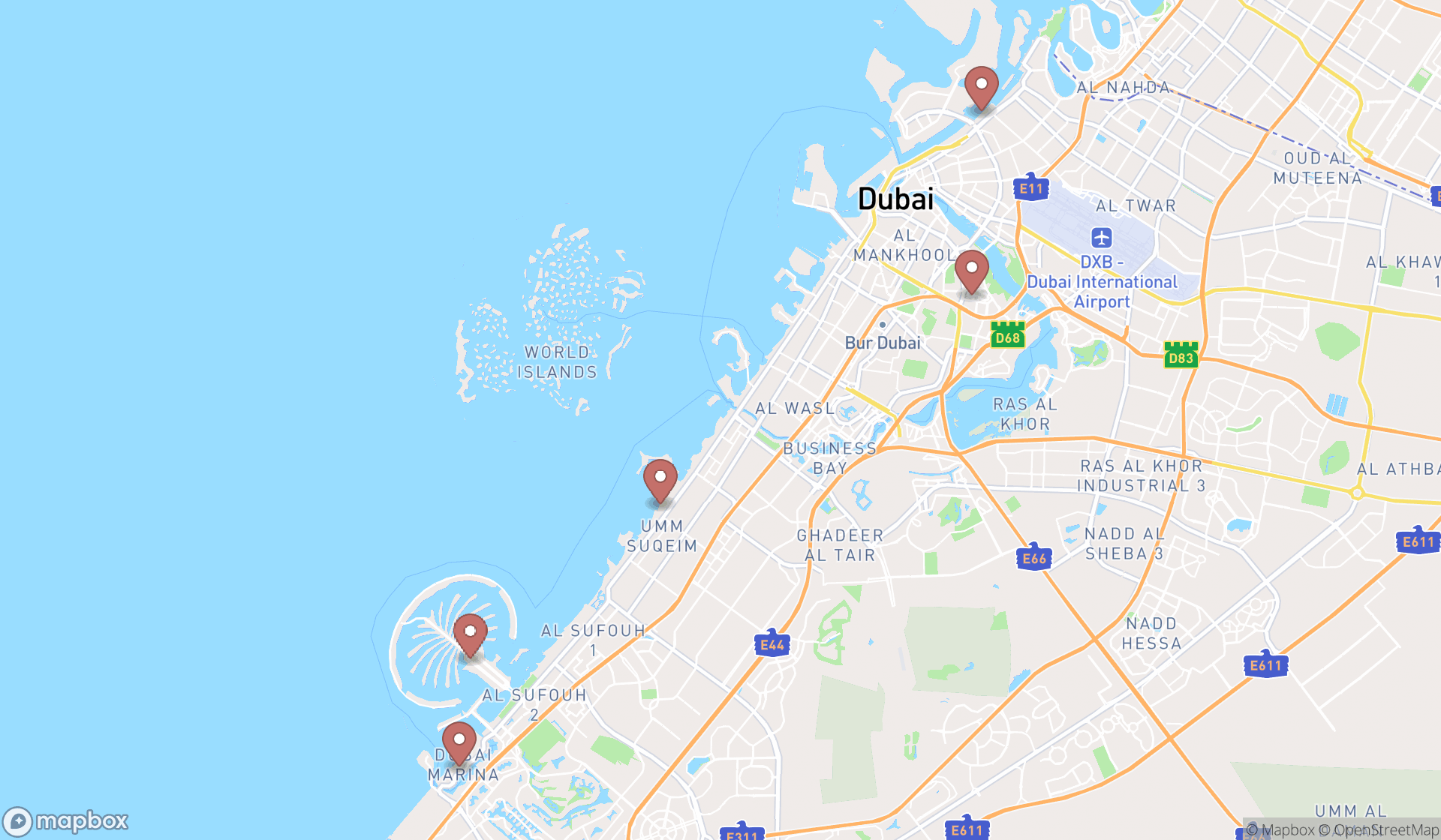 Map showing the search results in Dubai