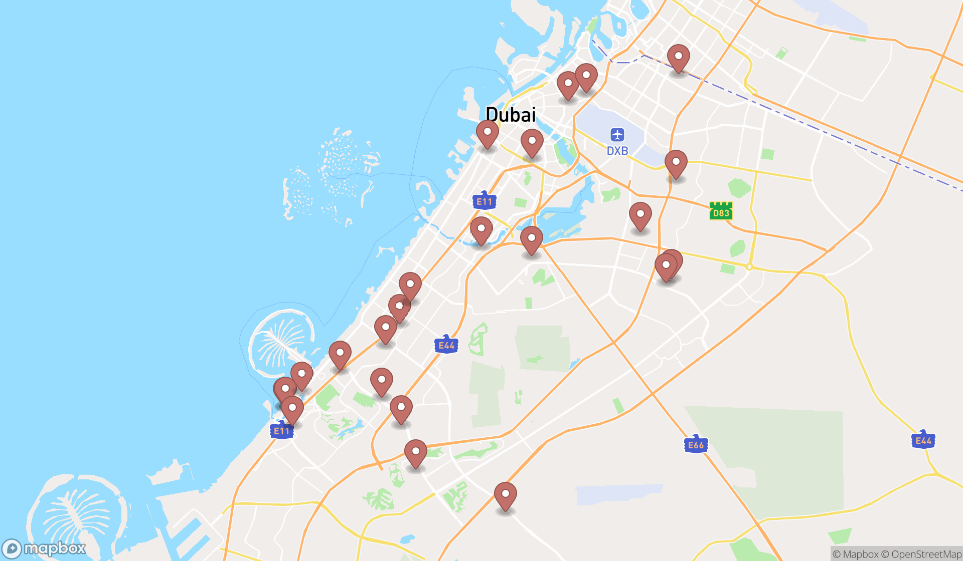 Map showing the search results in Dubai