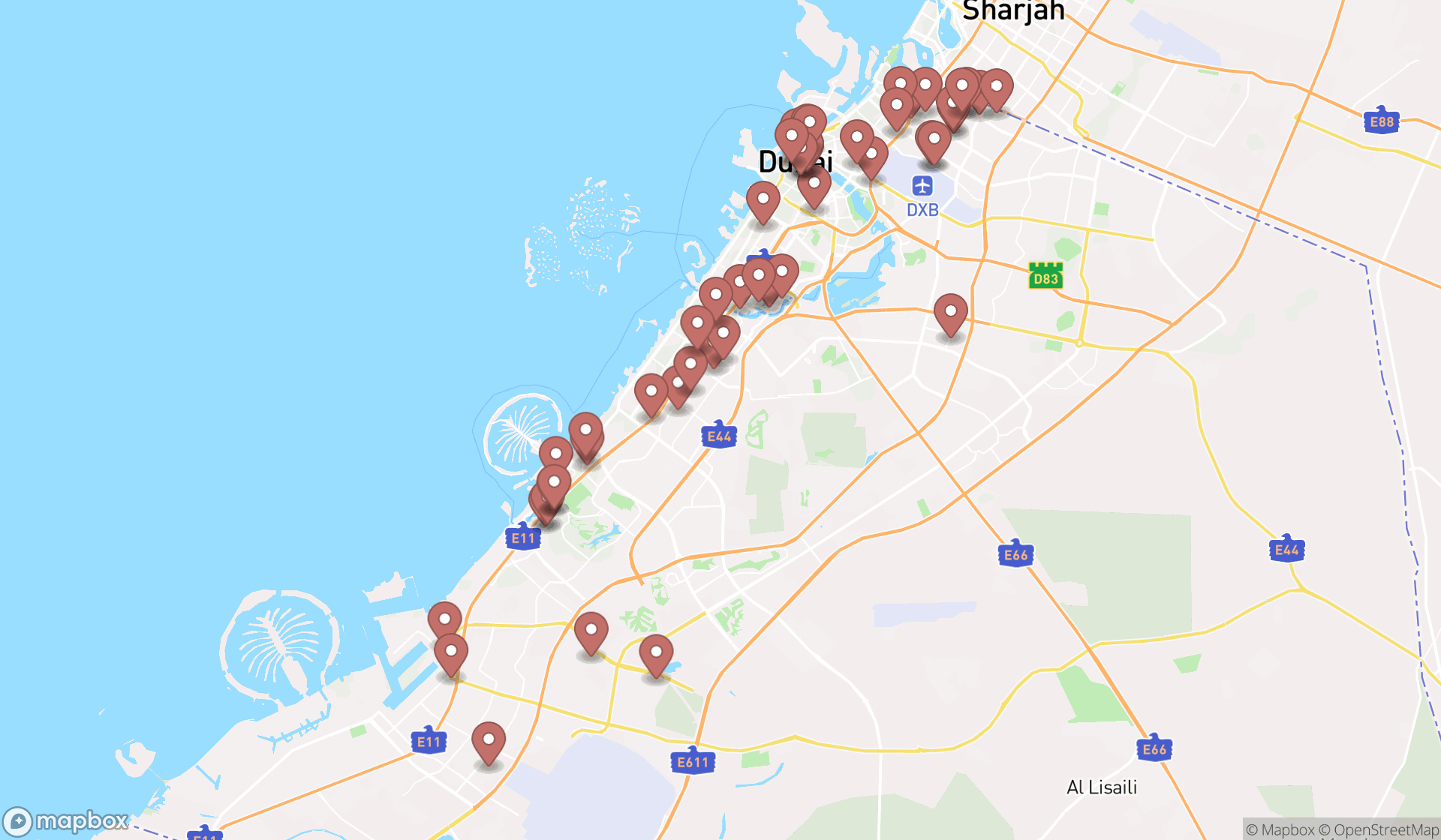 Map showing the search results in Dubai