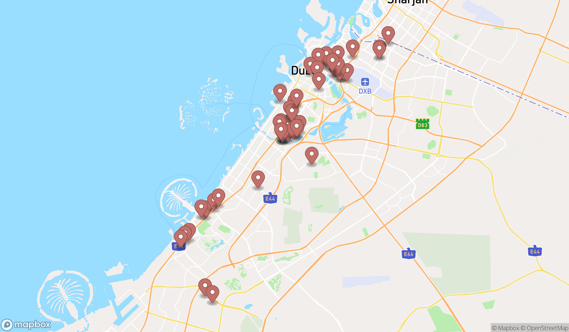 Map showing the search results in Dubai