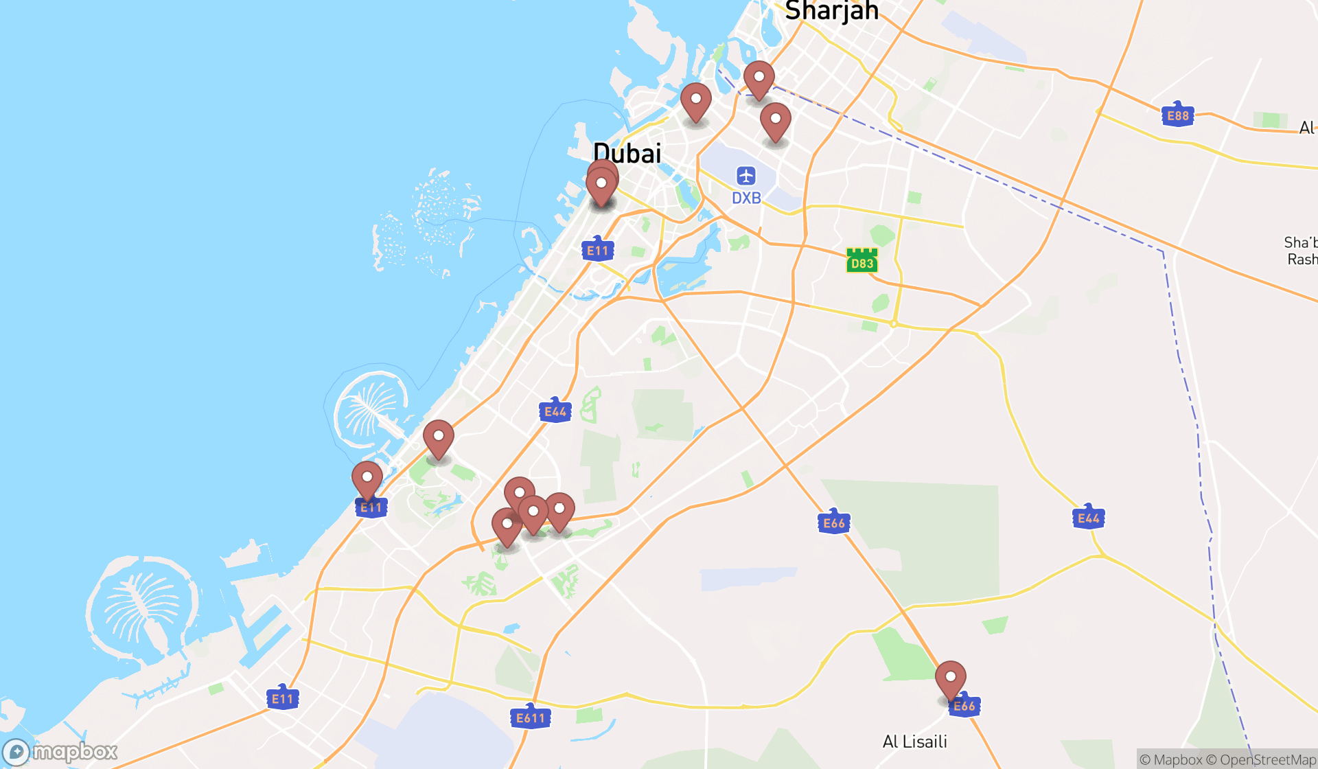 Map showing the search results in Dubai