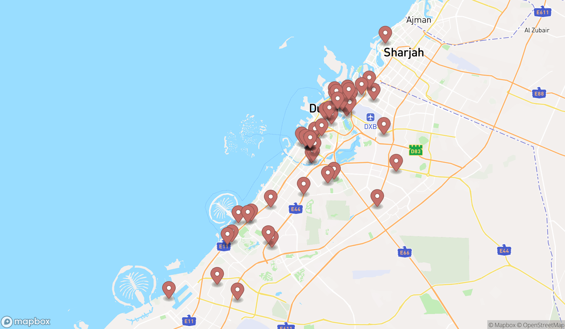 Map showing the search results in Dubai