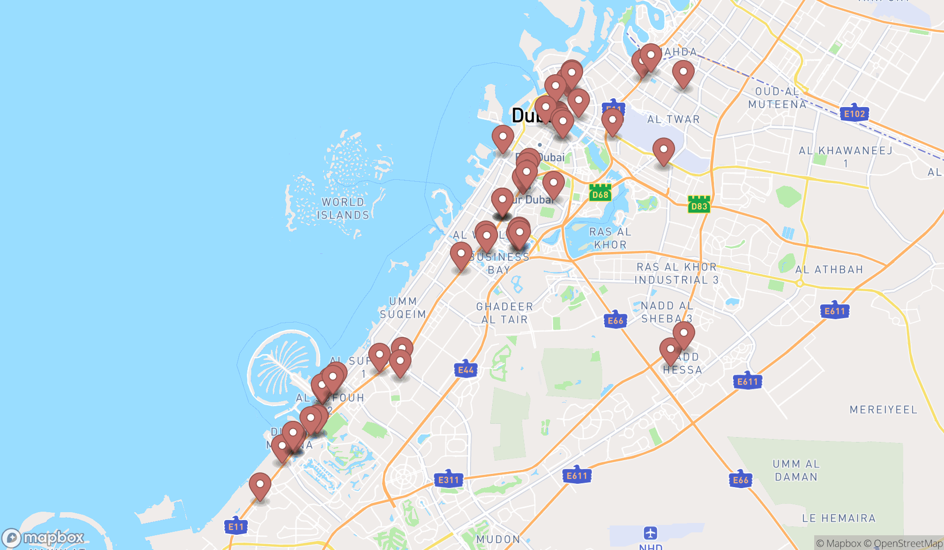 Map showing the search results in Dubai