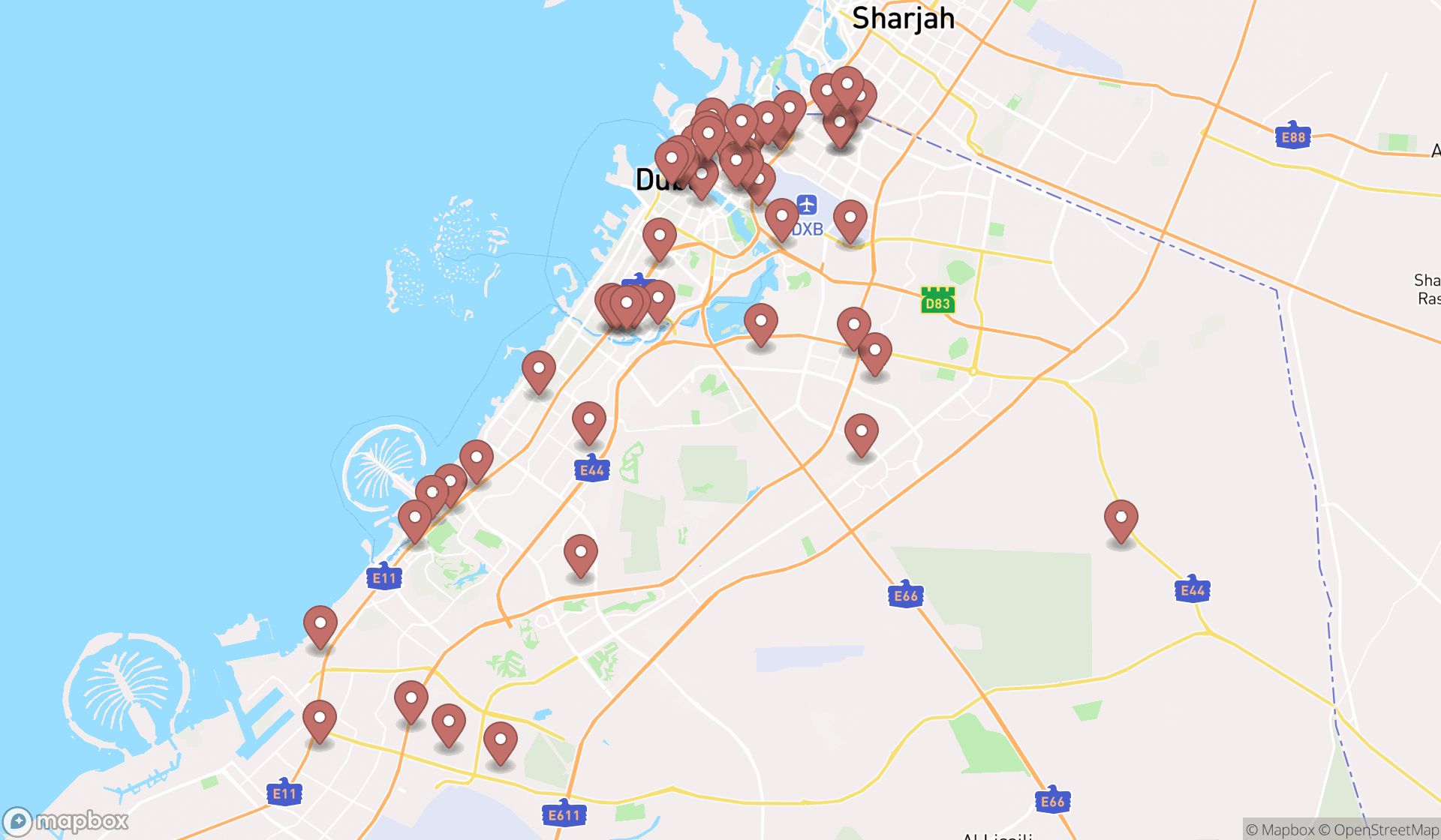 Map showing the search results in Dubai