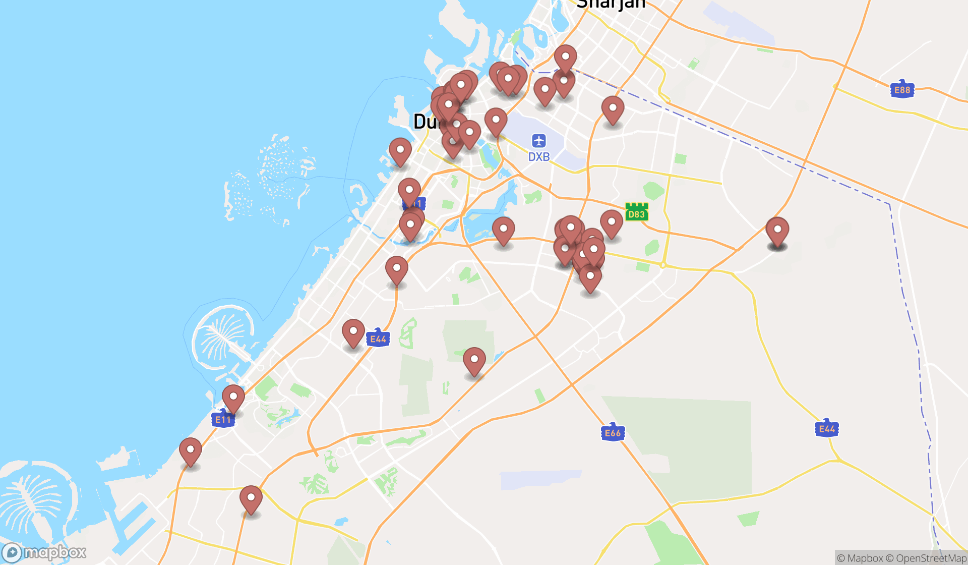 Map showing the search results in Dubai