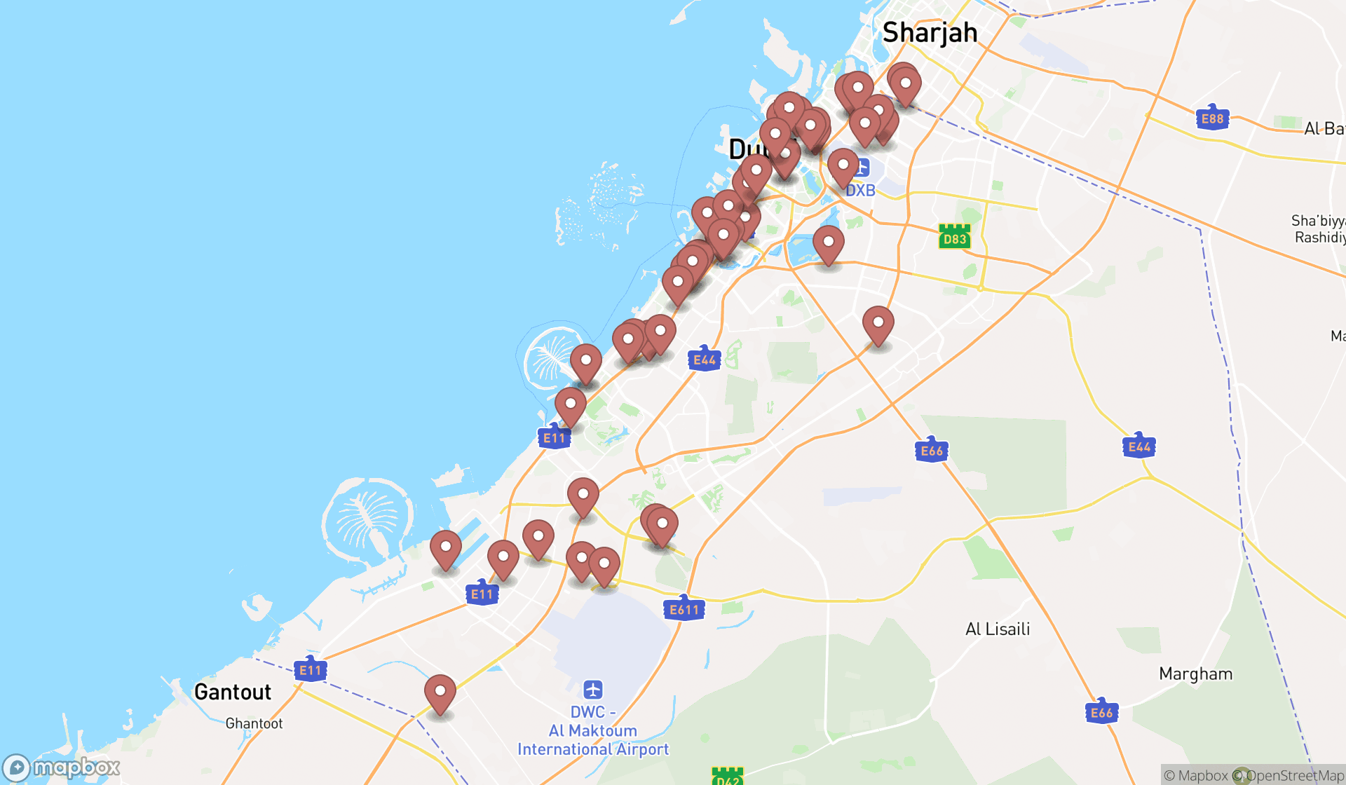 Map showing the search results in Dubai