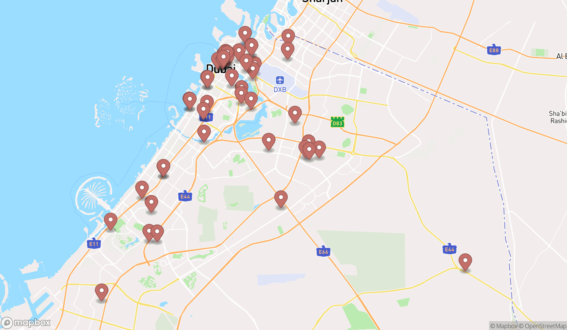 Map showing the search results in Dubai