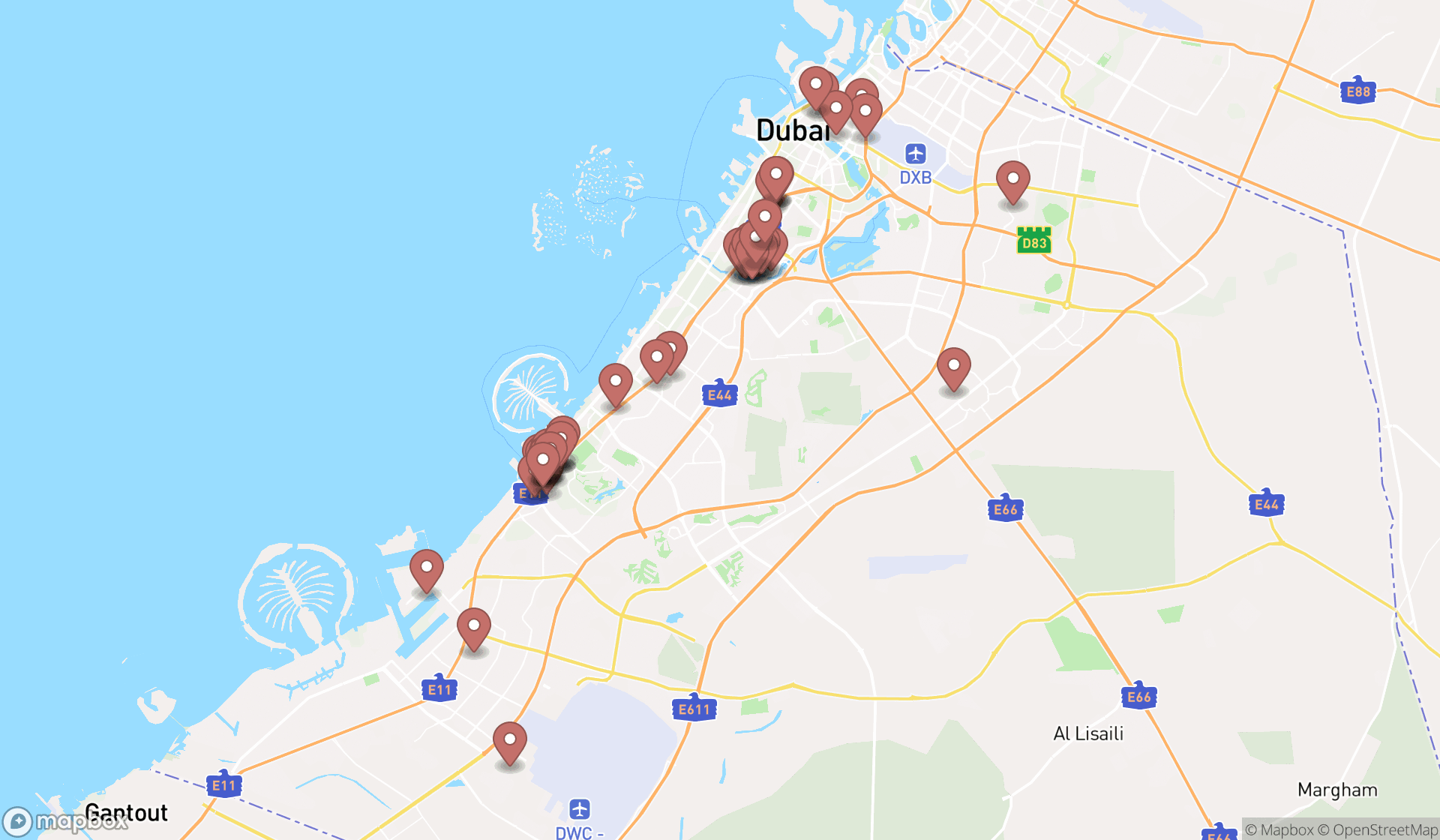 Map showing the search results in Dubai