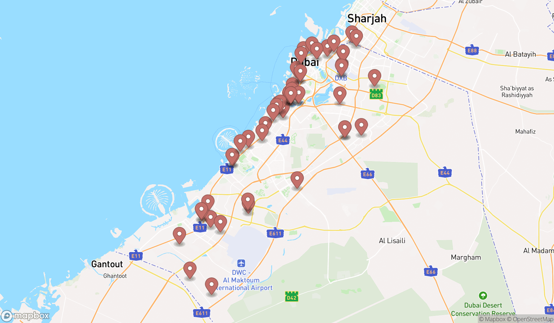 Map showing the search results in Dubai
