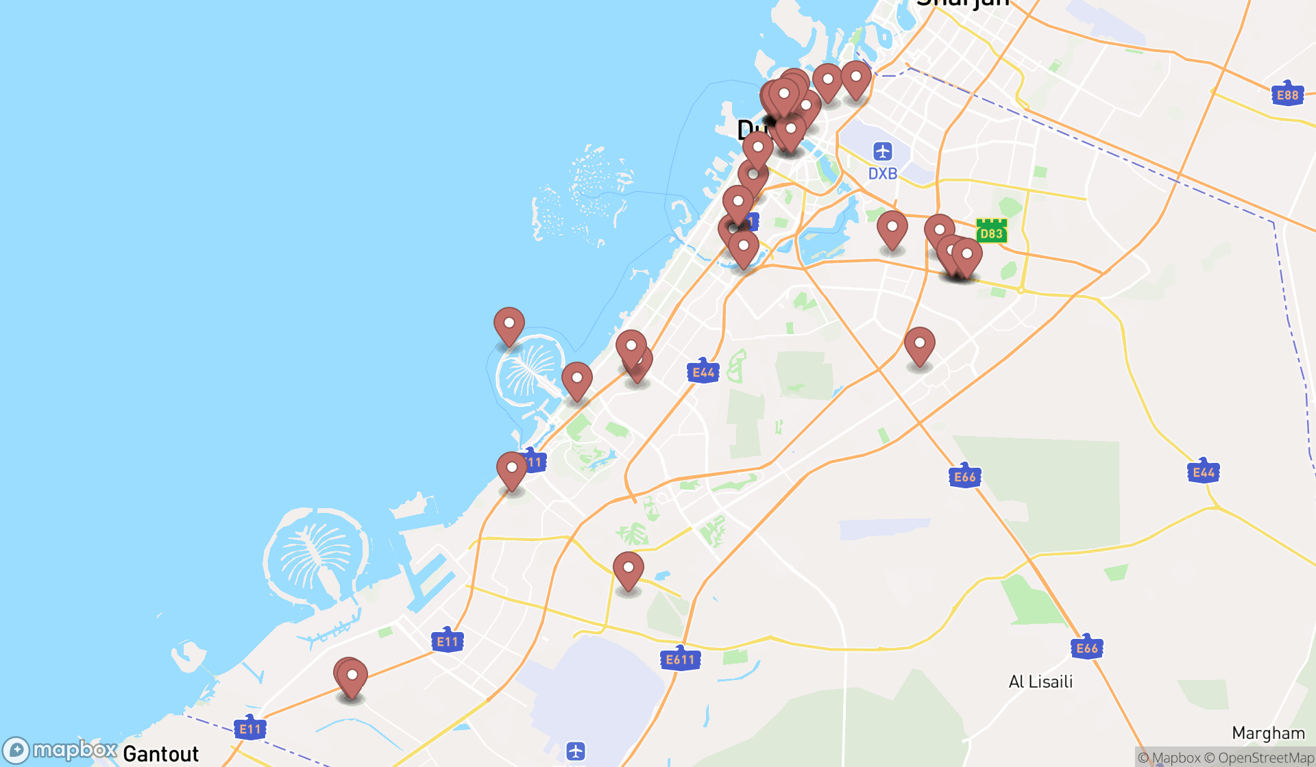 Map showing the search results in Dubai
