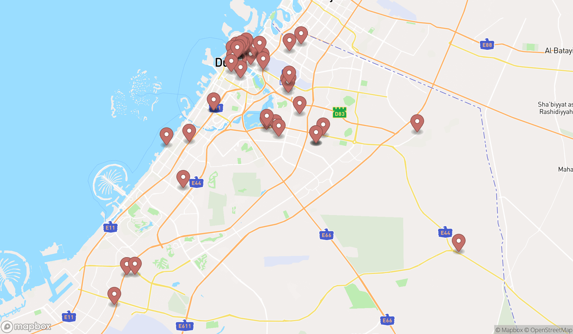 Map showing the search results in Dubai