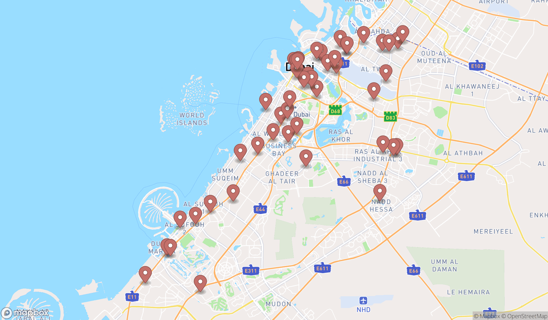 Map showing the search results in Dubai