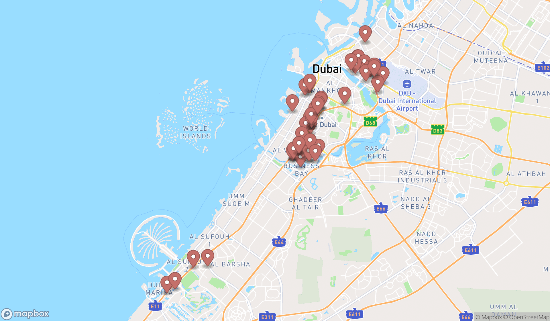 Map showing the search results in Dubai