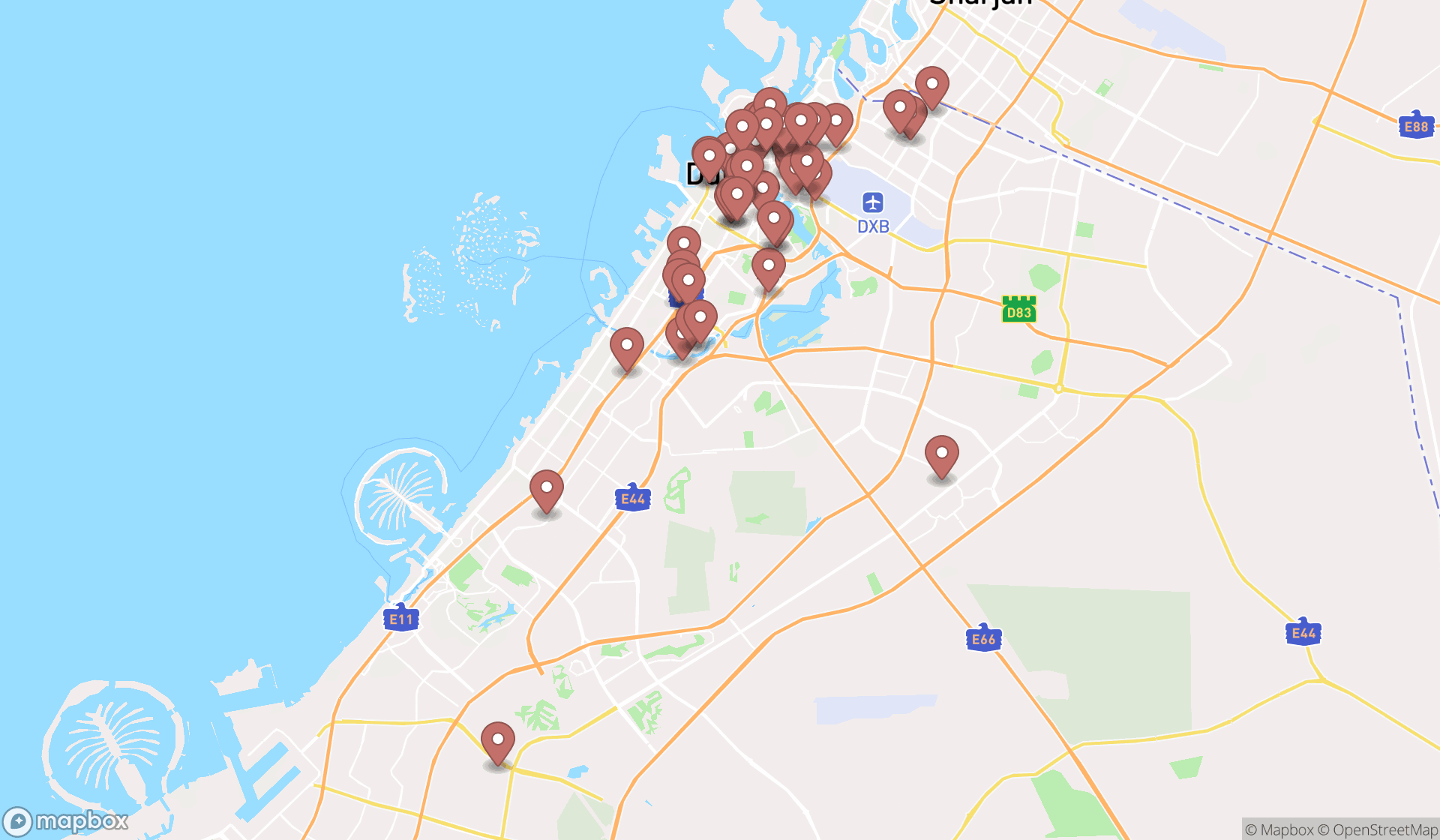 Map showing the search results in Dubai