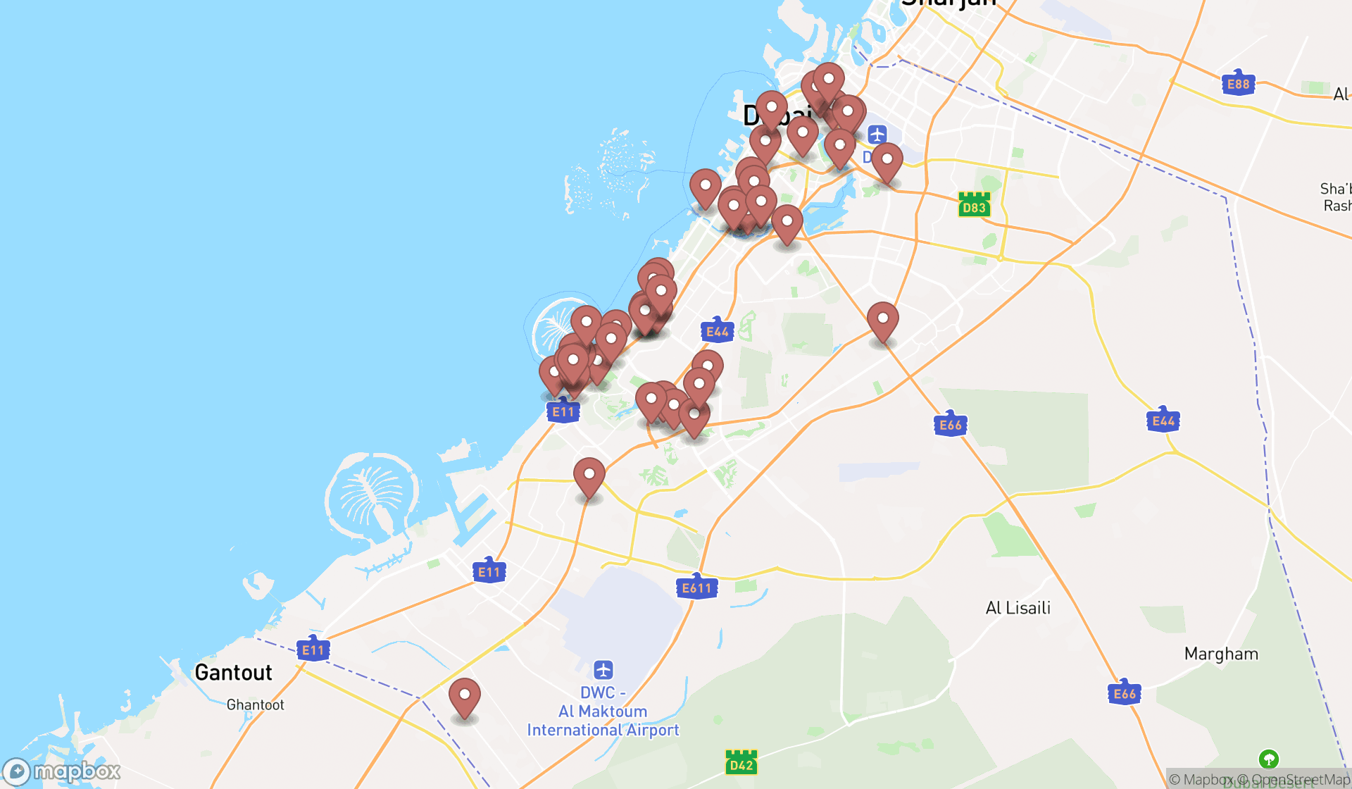 Map showing the search results in Dubai