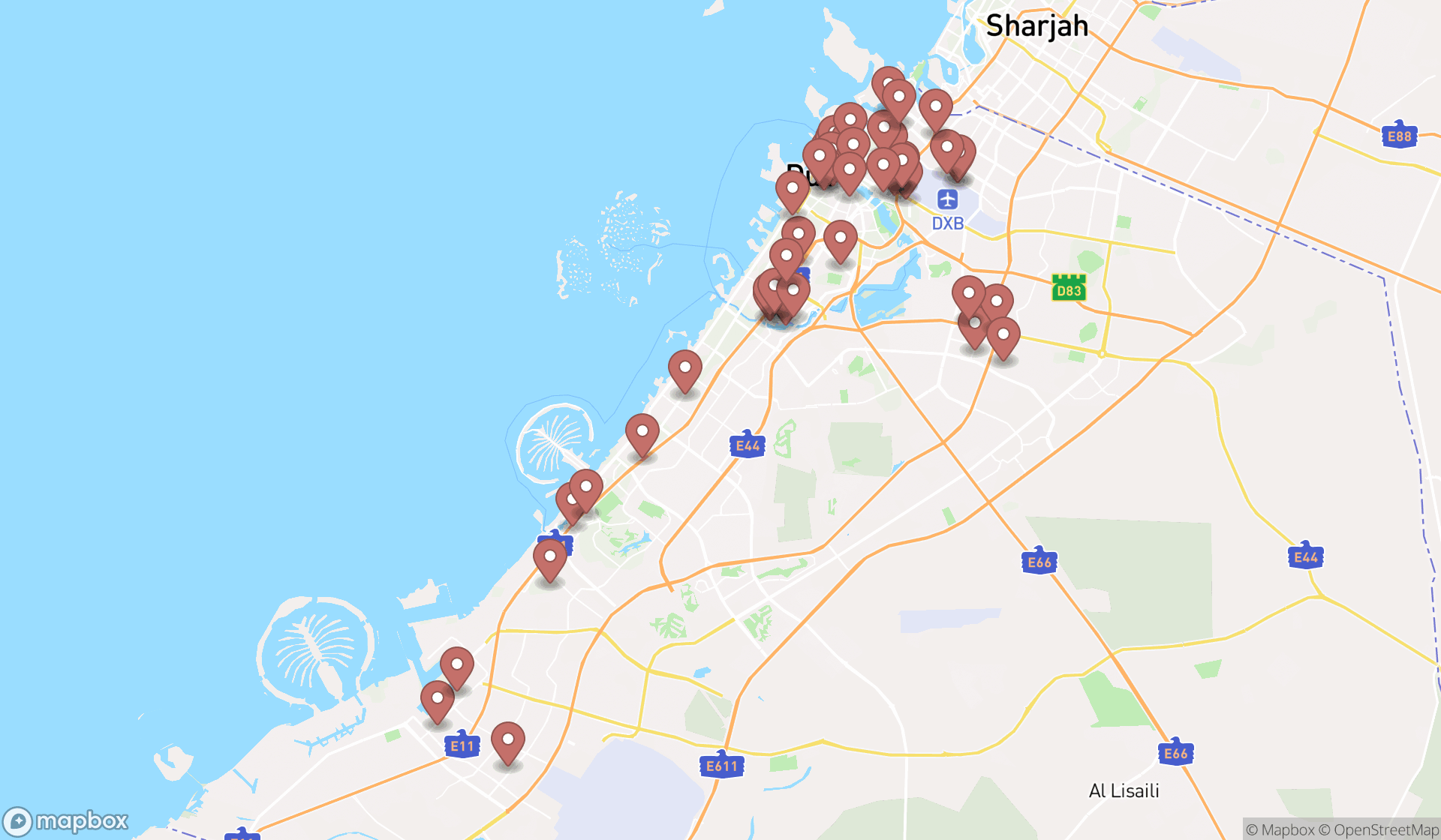Map showing the search results in Dubai
