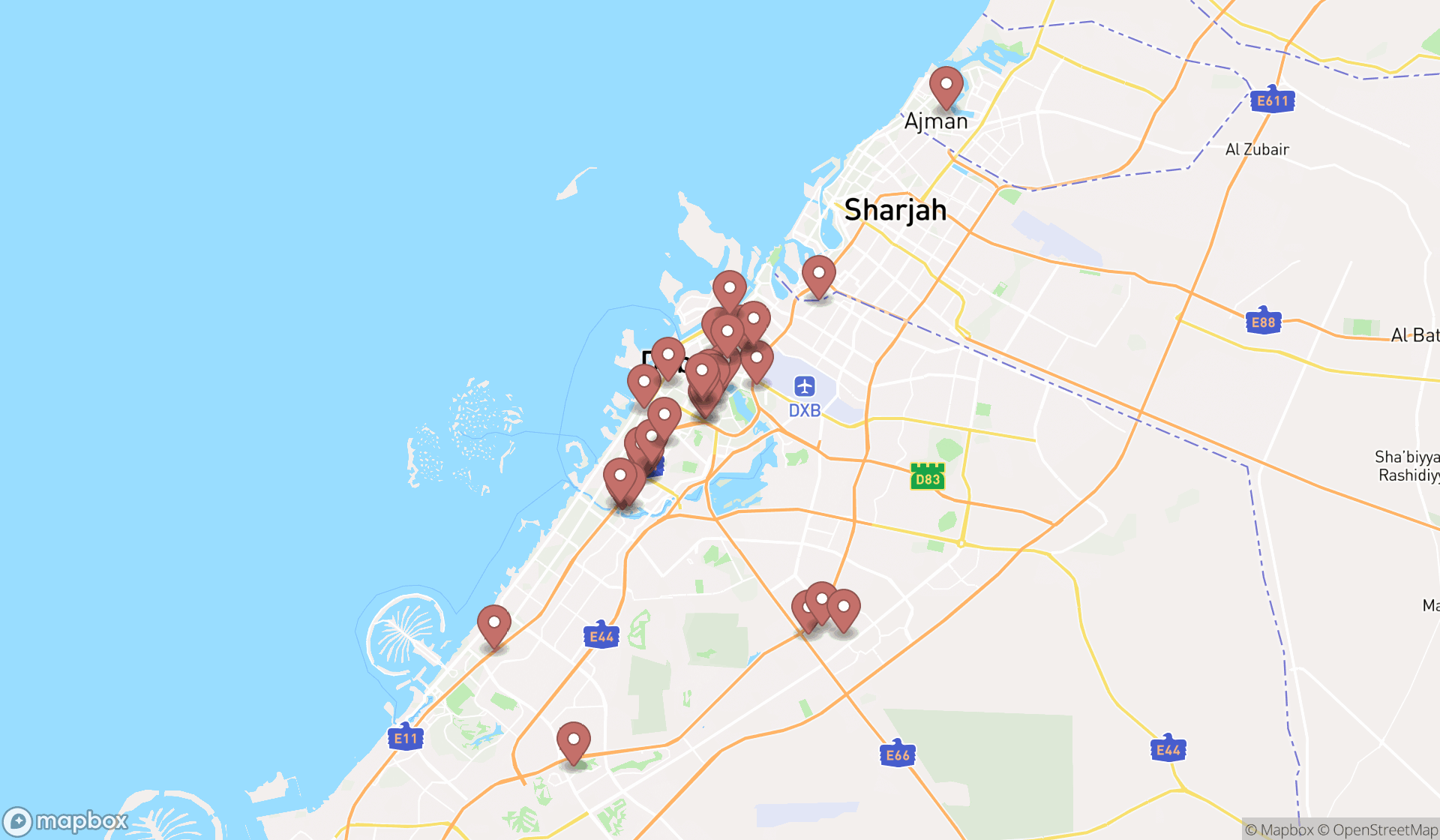 Map showing the search results in Dubai