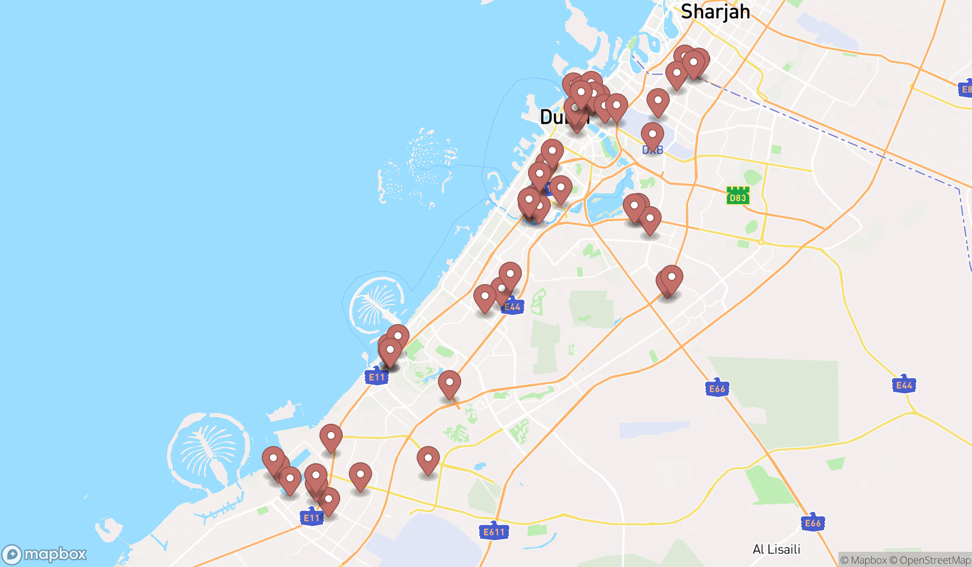 Map showing the search results in Dubai