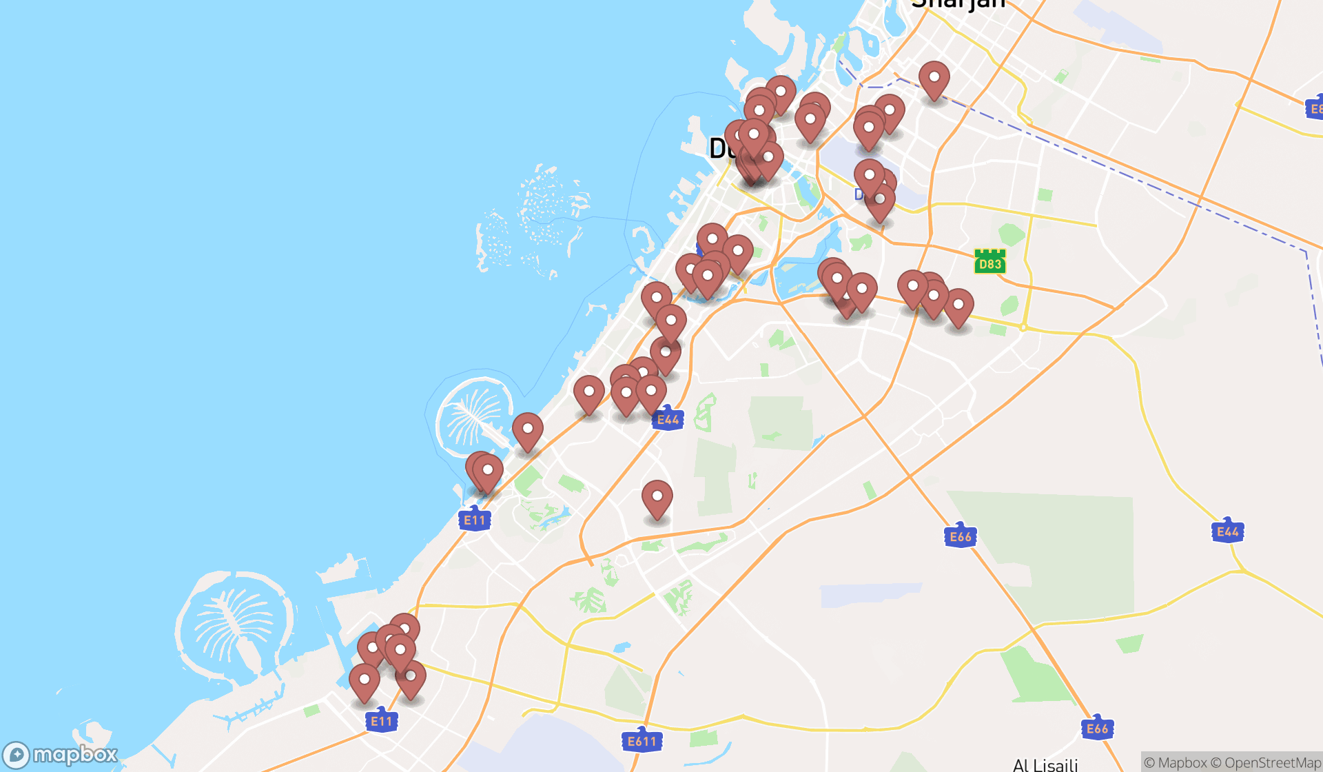 Map showing the search results in Dubai