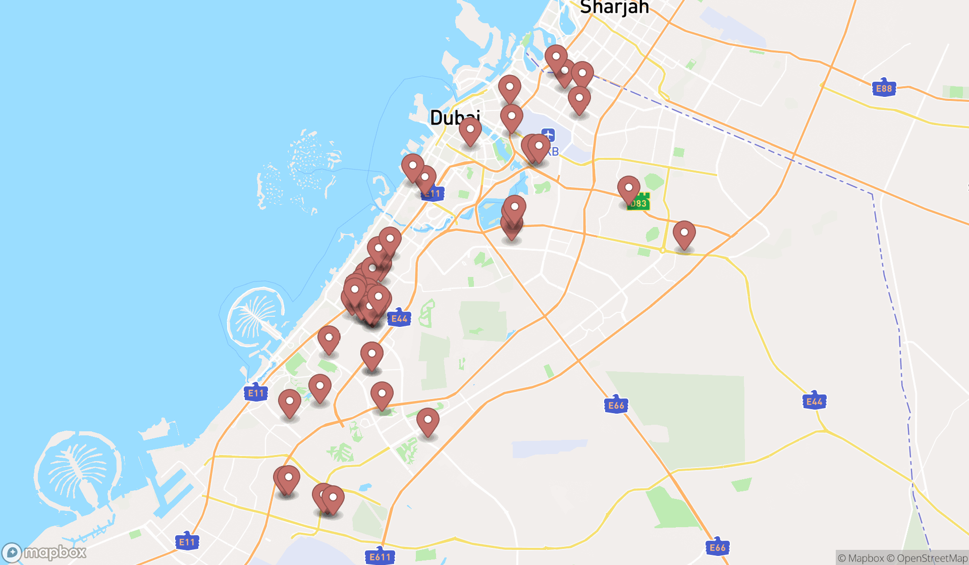 Map showing the search results in Dubai