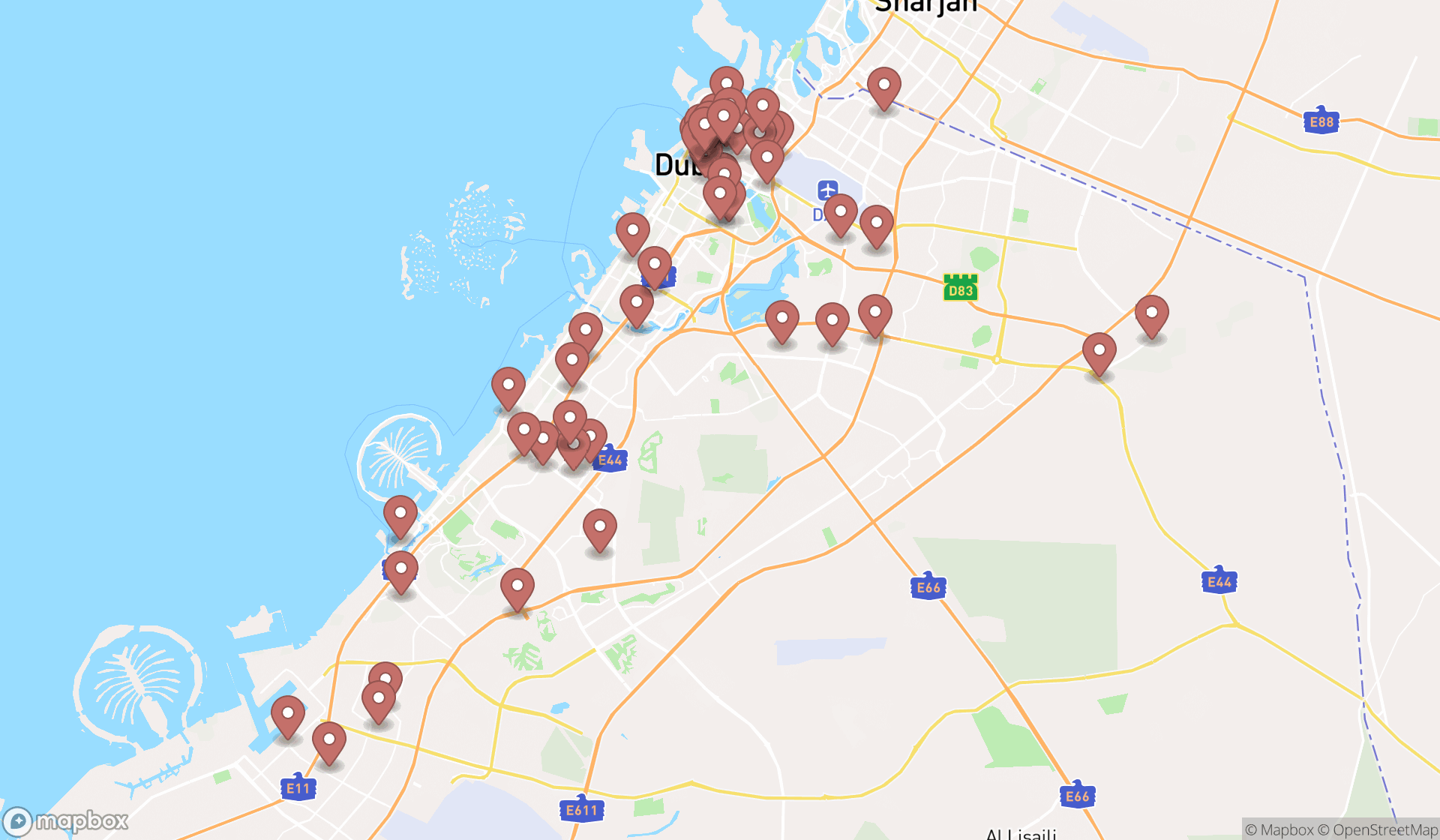 Map showing the search results in Dubai