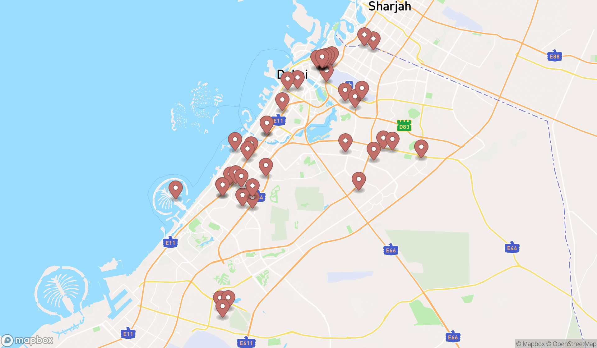 Map showing the search results in Dubai