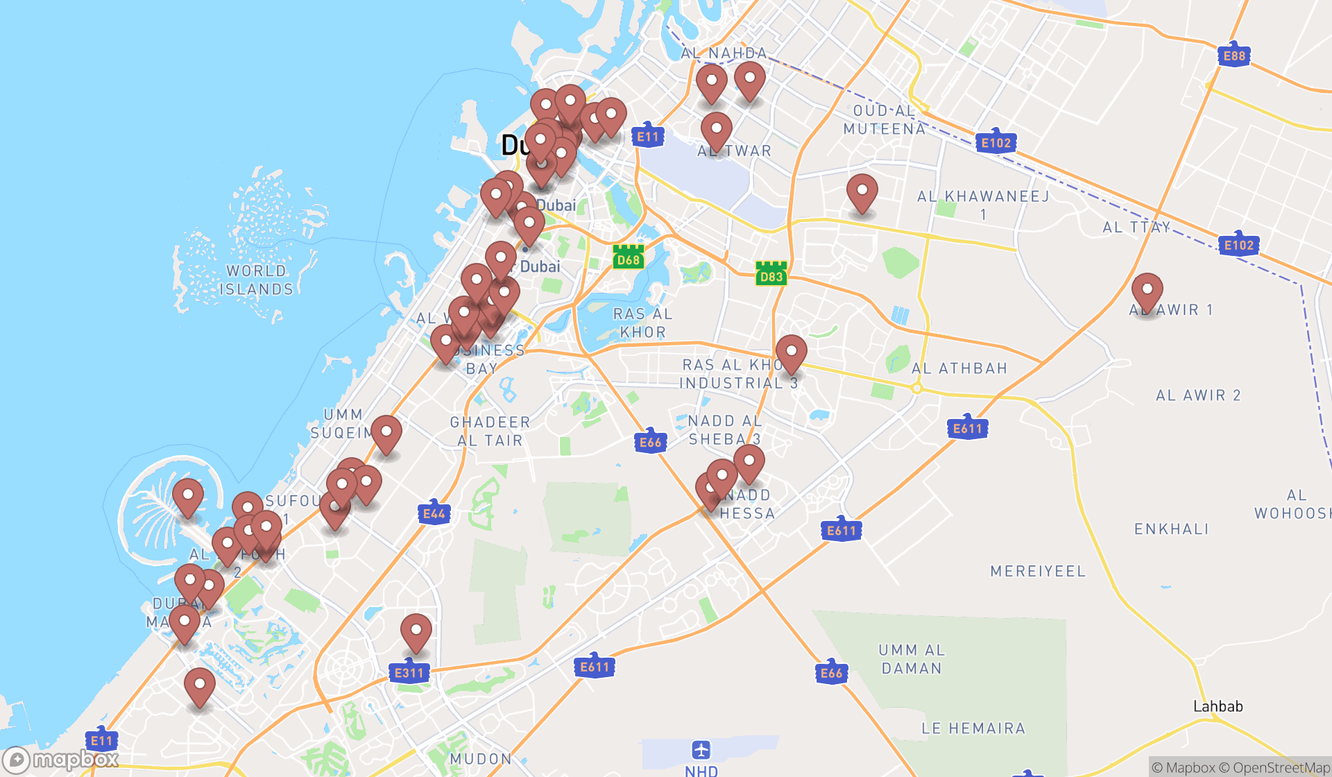 Map showing the search results in Dubai