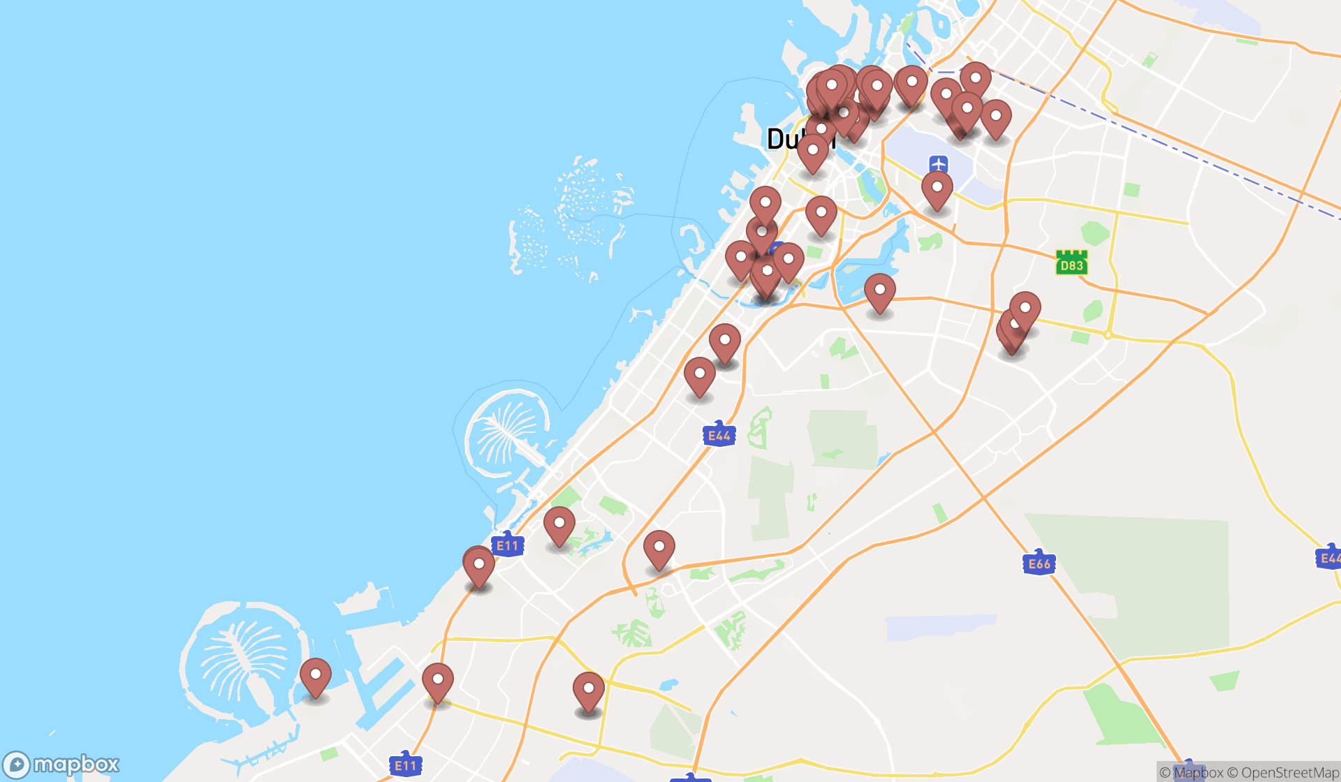 Map showing the search results in Dubai