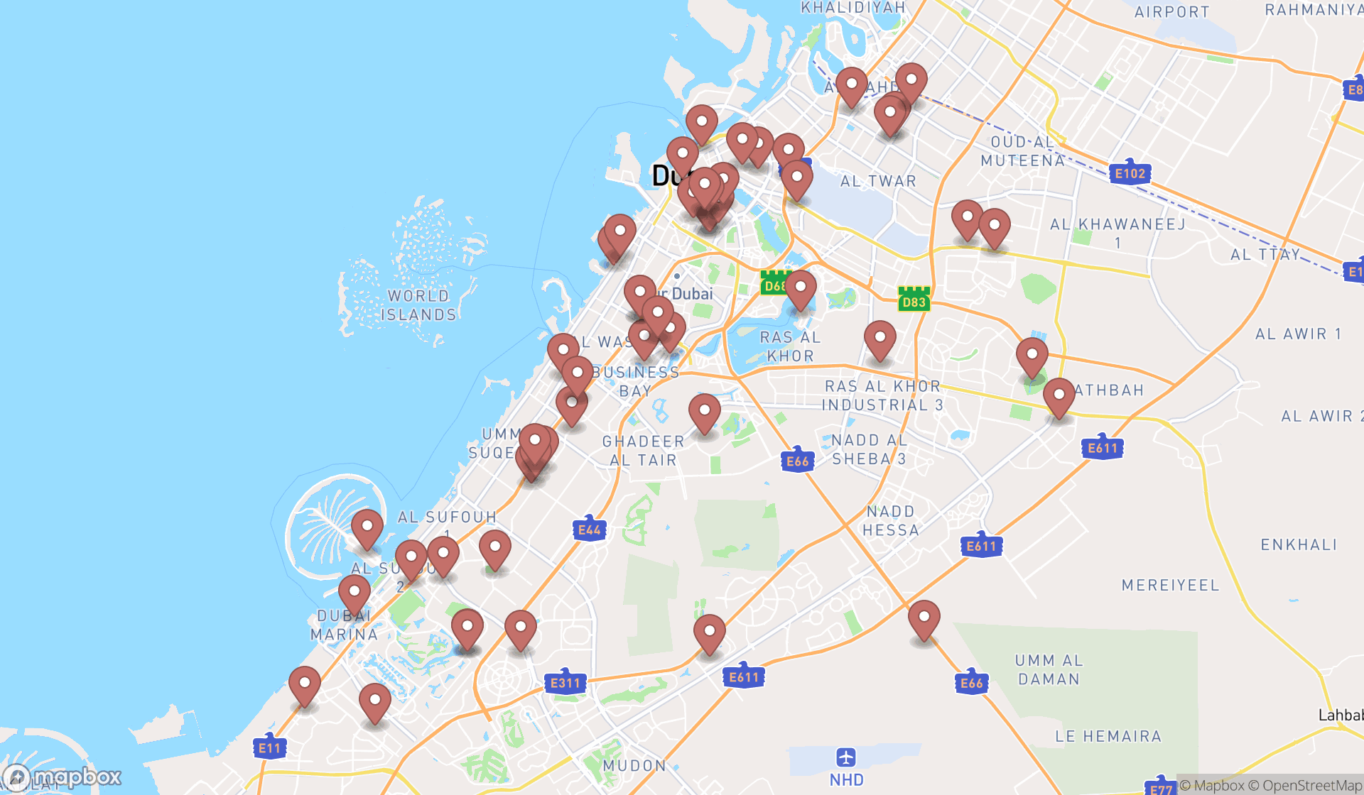 Map showing the search results in Dubai