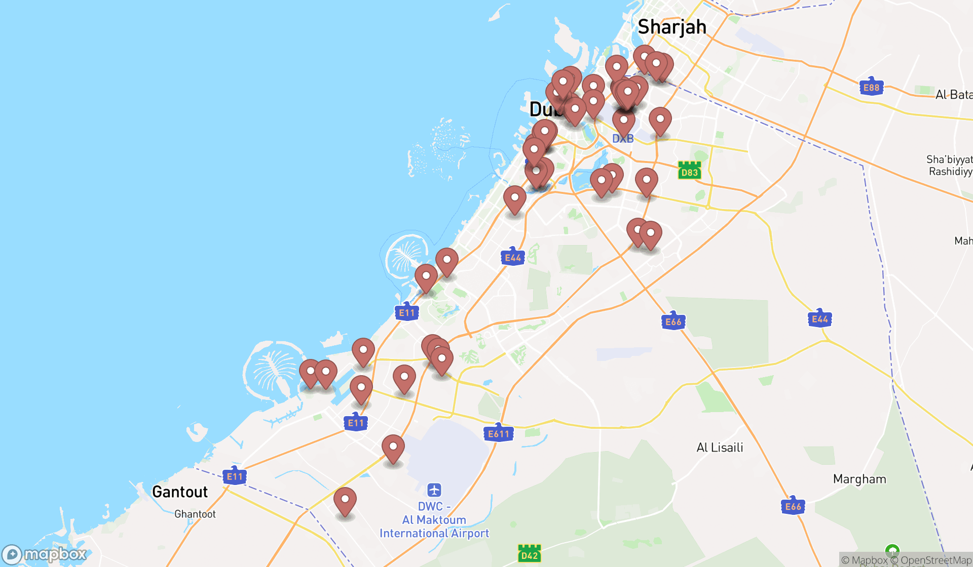 Map showing the search results in Dubai